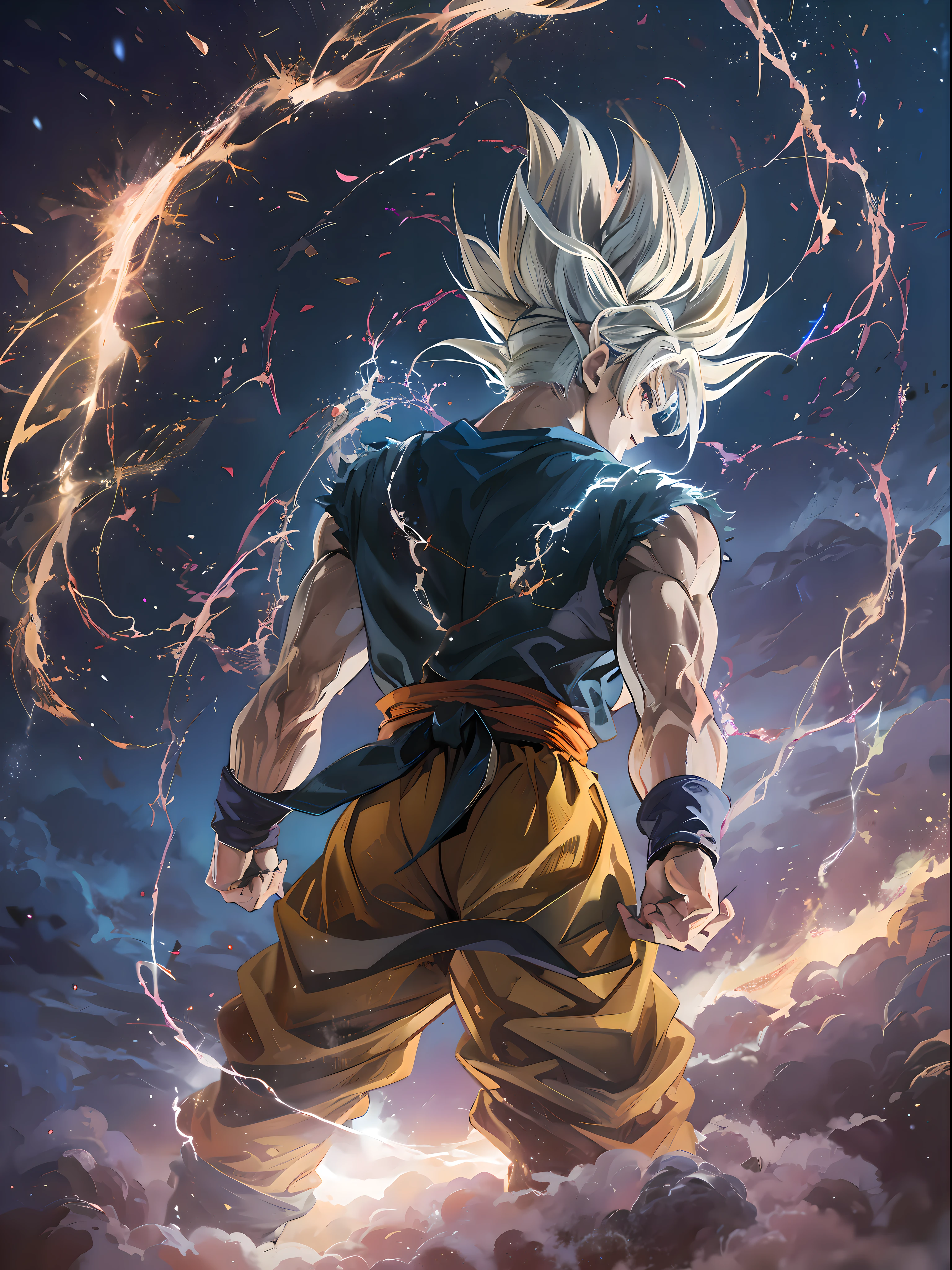 Imagem de GOKU SUPERIOR INSTINCT com cabelos brancos, Efeito preto e branco ao redor do corpo, Scenery of dark blue sky with stars, imagem detalhada, ultra realistic, anime version, Explosions and cinematic effects --auto