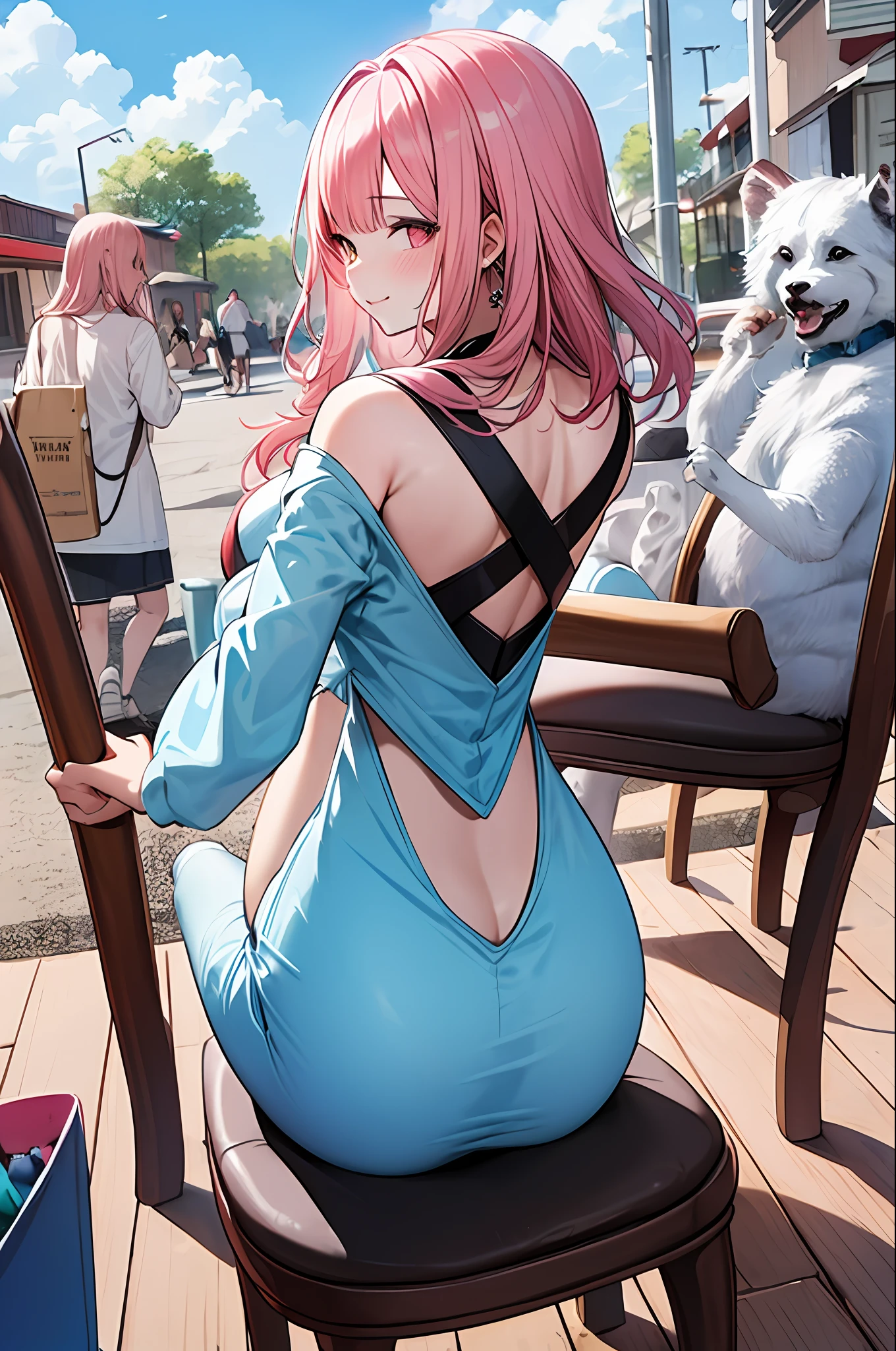 (Masterpiece, Best Quality, Best Quality, Watercolor (Medium), Official Art, Beautiful and Aesthetic: 1.2), (1 Girl: 1.3), (Fractal Art: 1.3), Full Body, (Chair), ((Back View)), Pattern, (Irridescent Hair, Colorful Hair, Half Blue and Half Pink Hair: 1.2), Blue Sky, Clouds, Colorful, Smile, Glasses, Close Up, Heterochromia, (Colorful: 1.5), (Shy Face), (Rainbow)), (( Clothes with a wide open back))