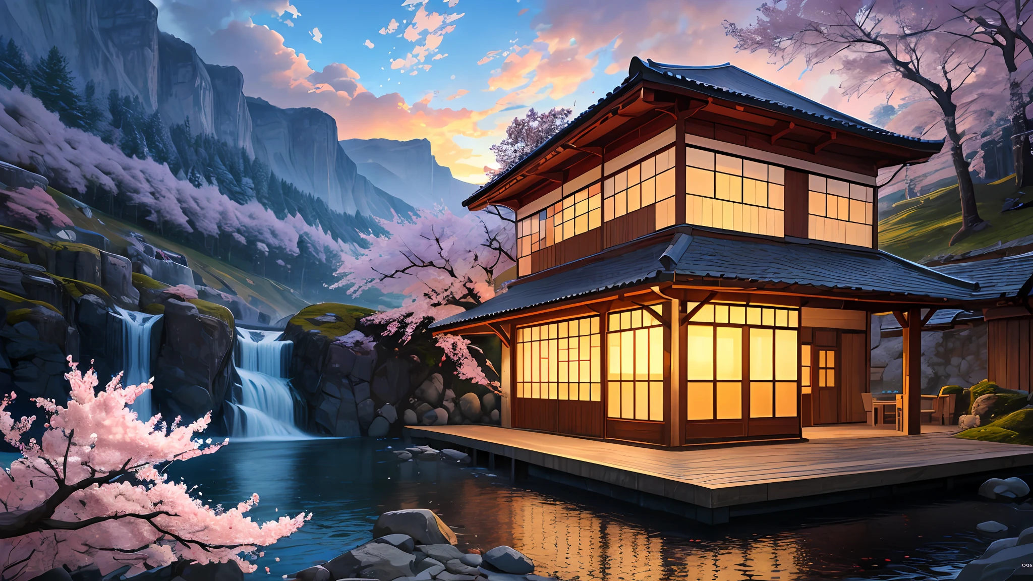 (tmasterpiece, beste-Qualit: 1.2), overdetalization, 电影灯光, HDR, illustartion, landscape, rise, Cherry blossoms, impressive, cold, inspiring, waterfalls, A house on the shore, Warm light in the windows
