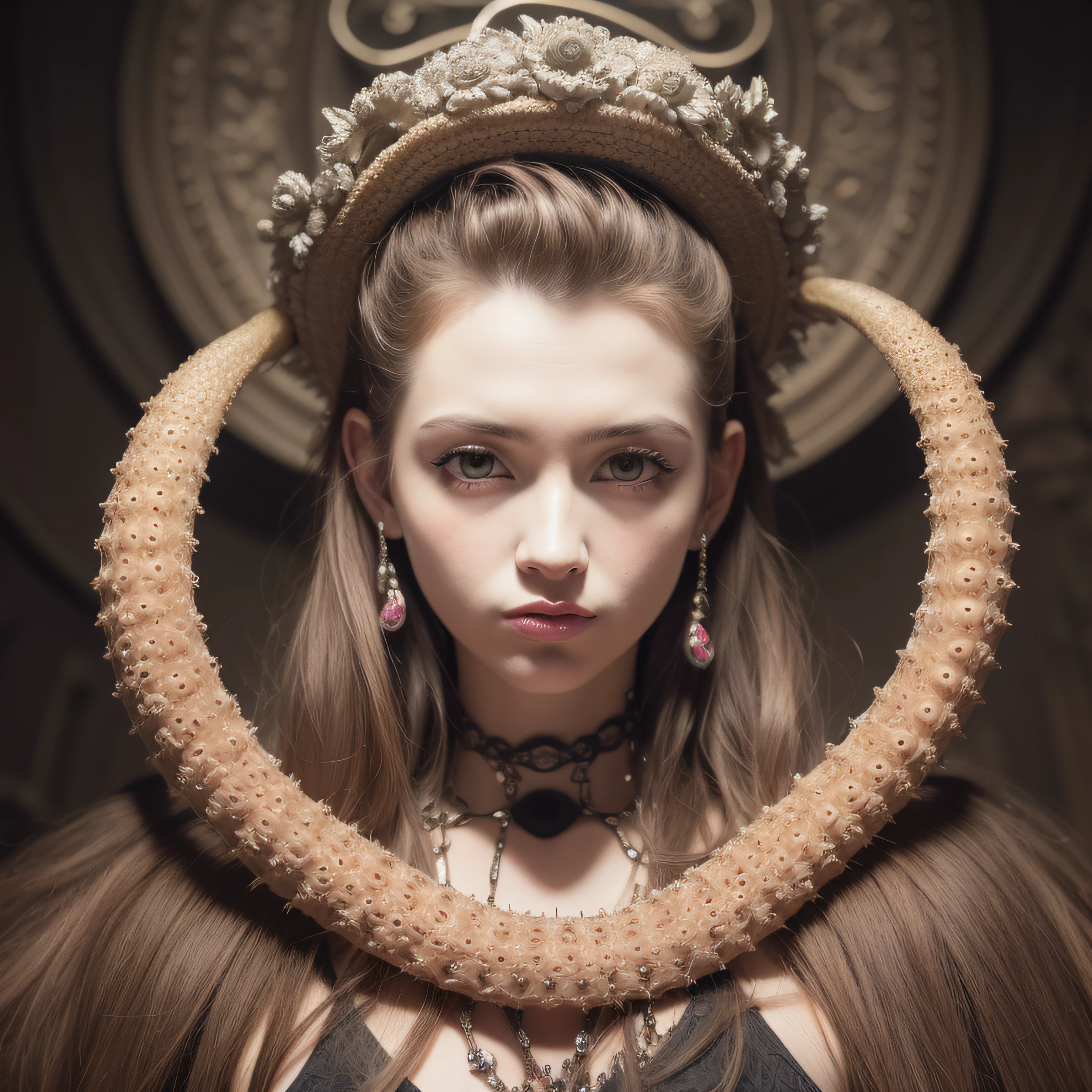 (extremadamente detallado, obra maestra, La mejor calidad), Estilo oscuro, intense illumination, rostro con arrugas, lengua larga, tentacle, deforme, monstruoso, un anciano con Colmillos finos, amenazante. mujer punk. Rococo composition. Luz de caravaggio
