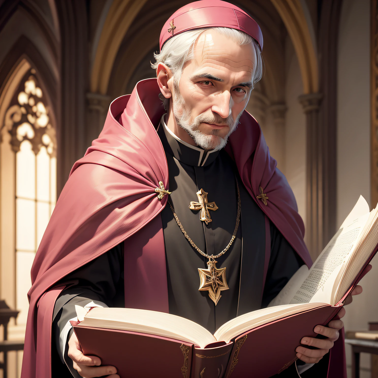 Describe a realistic image of St. Alphonsus Mary Liguori in his priestly bishop's garb, batina cor rosa, with mitre on the head and pink cape, with an expression of serenity and devotion on his face. He's holding an open book in one hand, symbolizing your dedication to God's word --auto