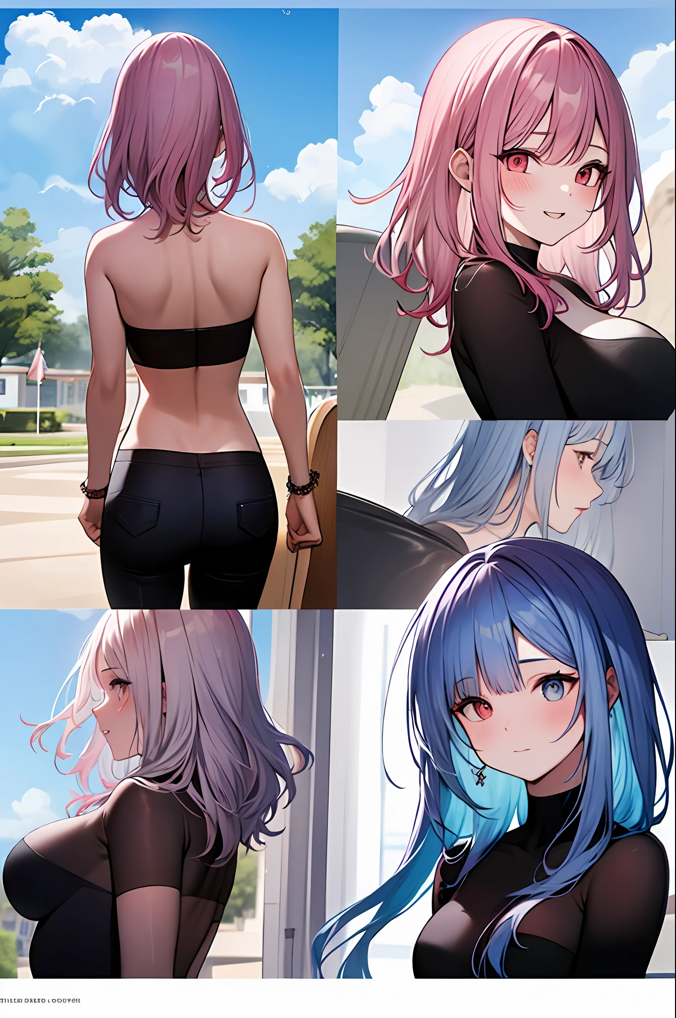 (Masterpiece, Best Quality, Best Quality, Watercolor (Medium), Official Art, Beautiful and Aesthetic: 1.2), (1 Girl: 1.3), (Fractal Art: 1.3), Full Body, (Chair), ((Back View)), Pattern, (Irridescent Hair, Colorful Hair, Half Blue and Half Pink Hair: 1.2), Blue Sky, Clouds, Colorful, Smile, Glasses, Close Up, Heterochromia, (Colorful: 1.5), (Shy Face), (Rainbow)), (( Clothes with a wide open back))