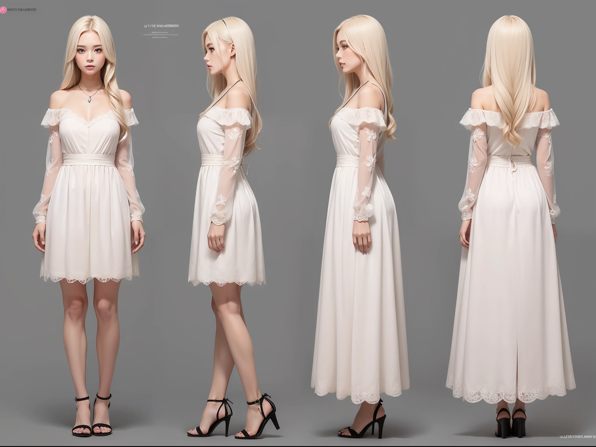 (masterpiece), ultra-detailed, 3 views, front view, side view , back view, different hairs design, character sheet or reference sketch of a mature girl, with a pastel color dress, she has long straight hair, pastel hair color, ultra-realistic and sharp detail and intricate, intricate details, and style, simple background illustration