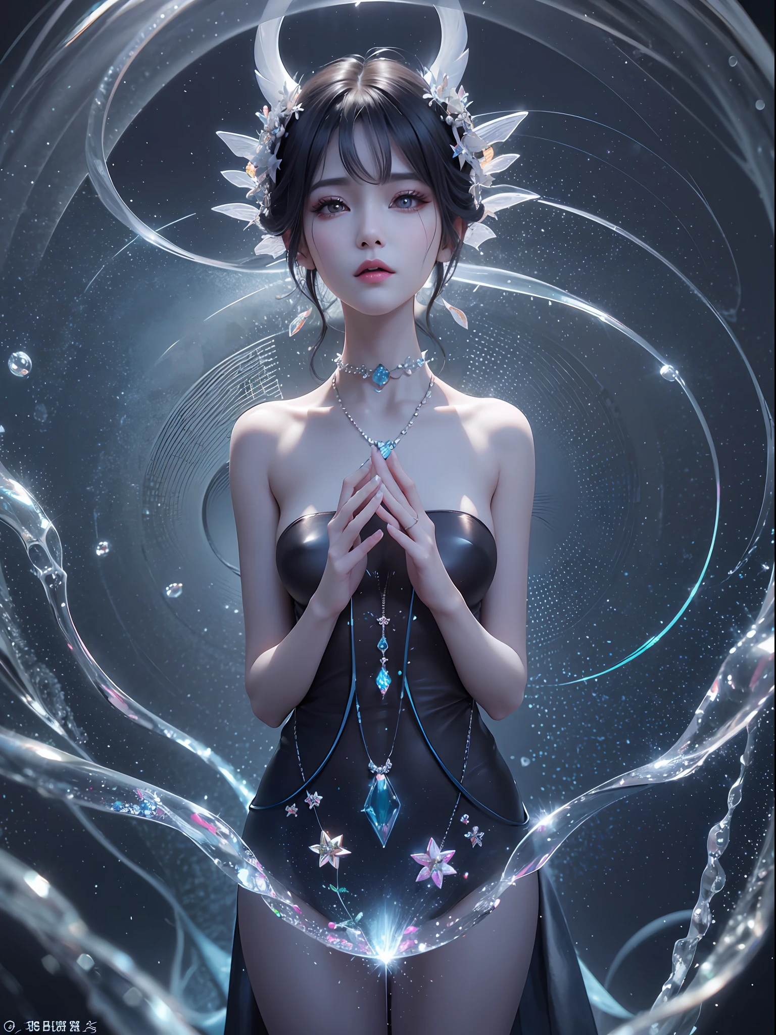 Self-luminous surrealism, Chinese beauty model, iridescent transparent liquid 8 K, real face details, surreal photography photo, ultra-high-definition physical details, 3 D CORONA style, alien wallpaper, the tunnel, contemporary fairy style , star troupe, salon system --ar 9:16 --s 180 --niji