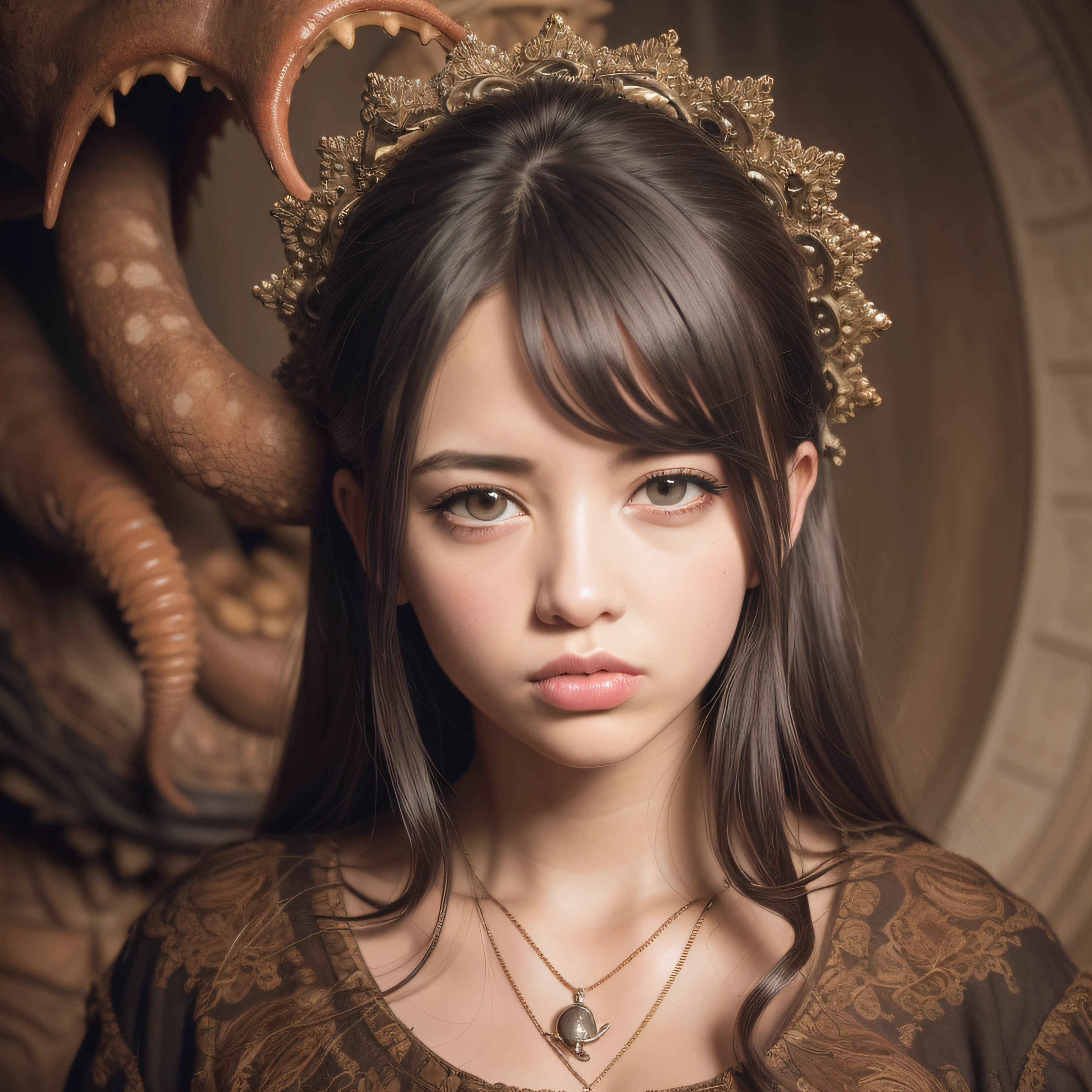 (extremadamente detallado, obra maestra, La mejor calidad), Estilo oscuro, intense illumination, rostro con arrugas, lengua larga, tentacle, deforme, monstruoso, un anciano con Colmillos finos, amenazante. mujer punk. Rococo composition. Luz de caravaggio