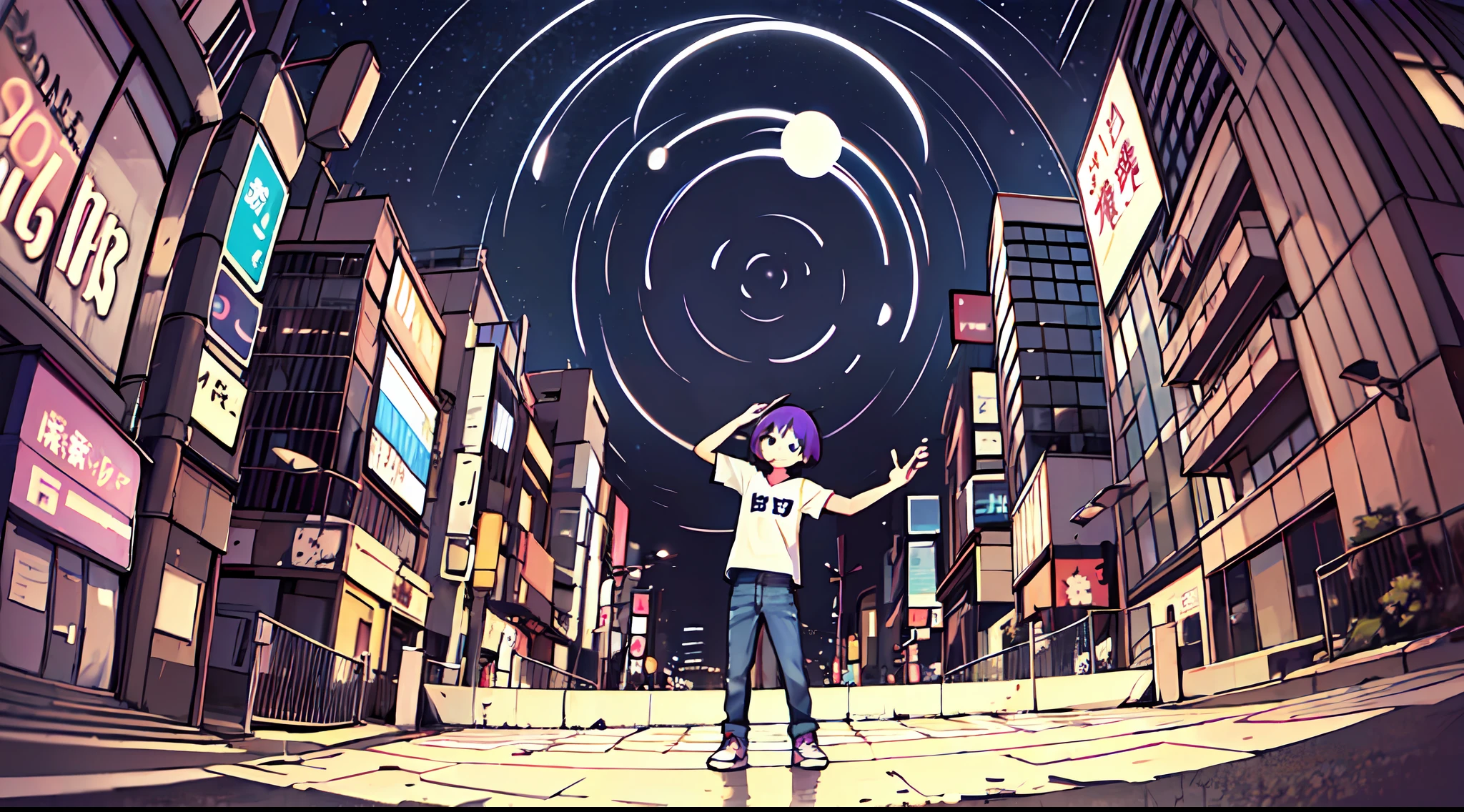 top-quality、masterpiece、Night Background、Time is night、Boy with purple hair、Deformed、Wearing a white t-shirt and jeans、eyes are brown、Intersection of TOKYO at night、dark sky、Dynamic poses、Perspective composition