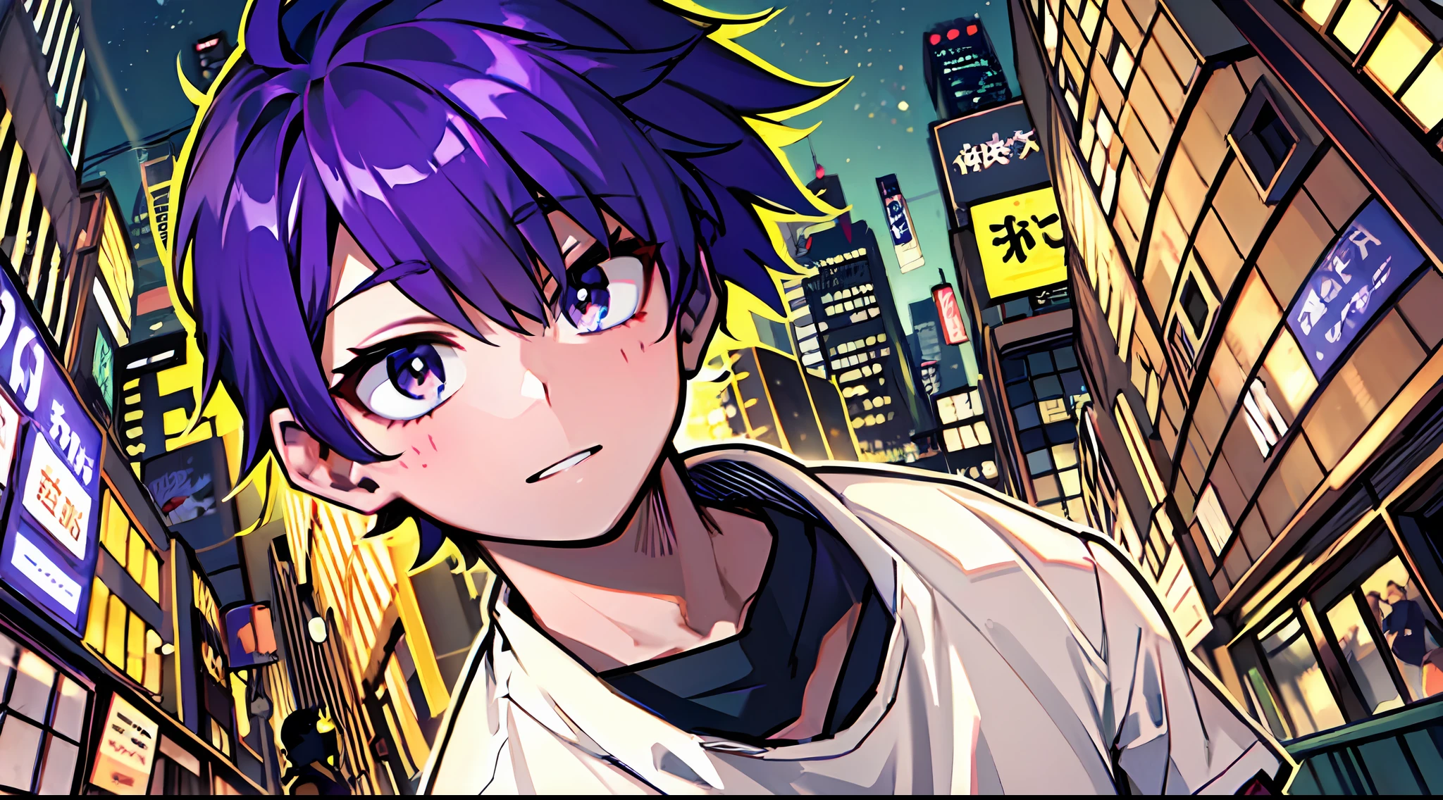 top-quality、masterpiece、Night Background、Time is night、Boy with purple hair、Deformed、Wearing a white t-shirt and jeans、eyes are brown、Intersection of TOKYO at night、dark sky、Dynamic poses、Perspective composition