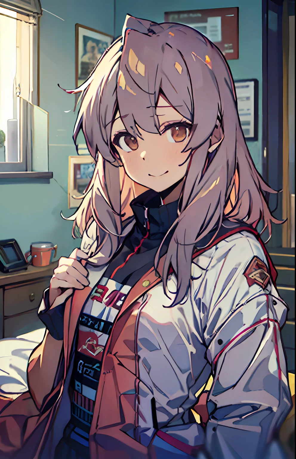 SushangV4， tmasterpiece， top-quality， A high resolution， 独奏， dishiveredhair， little breast， inside in room，  （Scope： 1.2）， close focus， Top， Very_Long_Hair， Beds，  heavy breath， sexual expression invite， ssmile,Oyama Makoto