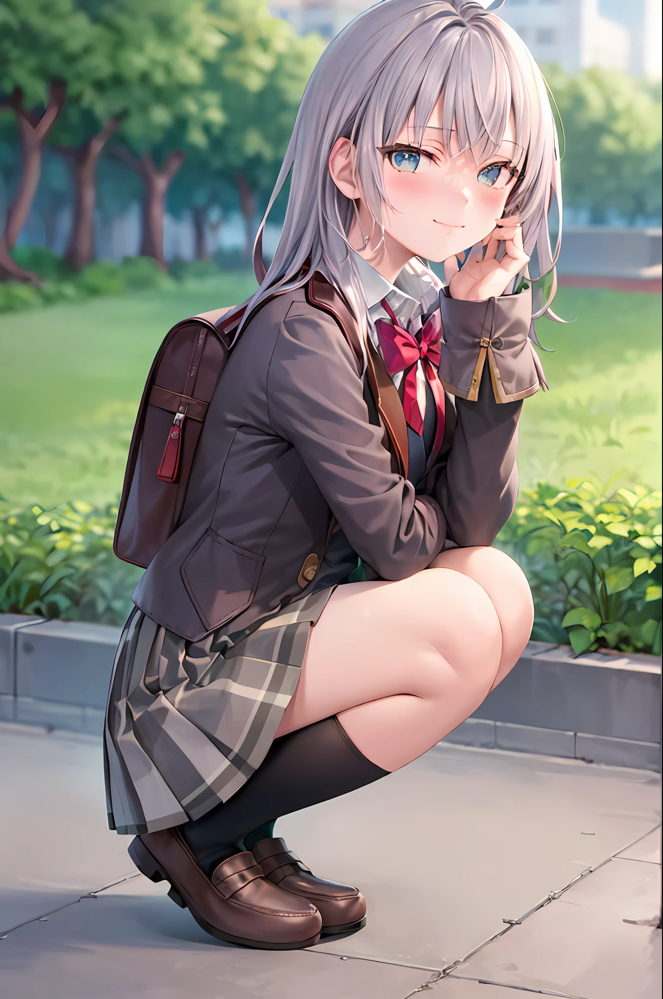 masterpiece, best quality, 1girl, solo, skirt, bag, outdoors, jacket, squatting, socks, shoes, looking at viewer, brown footwear, school uniform, plaid, loafers, blazer, brown hair, plaid skirt, black socks, long sleeves, bangs, open clothes, open jacket, bow, brown eyes, pleated skirt, bowtie, day, long hair, full body, bush, red bow, kneehighs, shirt, closed mouth, sleeves past wrists, backpack, hand on own face, red bowtie, black jacket, school bag, blush, plant, brown skirt, hand on own cheek, blurry, from side, hand up, looking to the side, collared shirt, miniskirt, white shirt, cardigan, grass, sweater, light smile