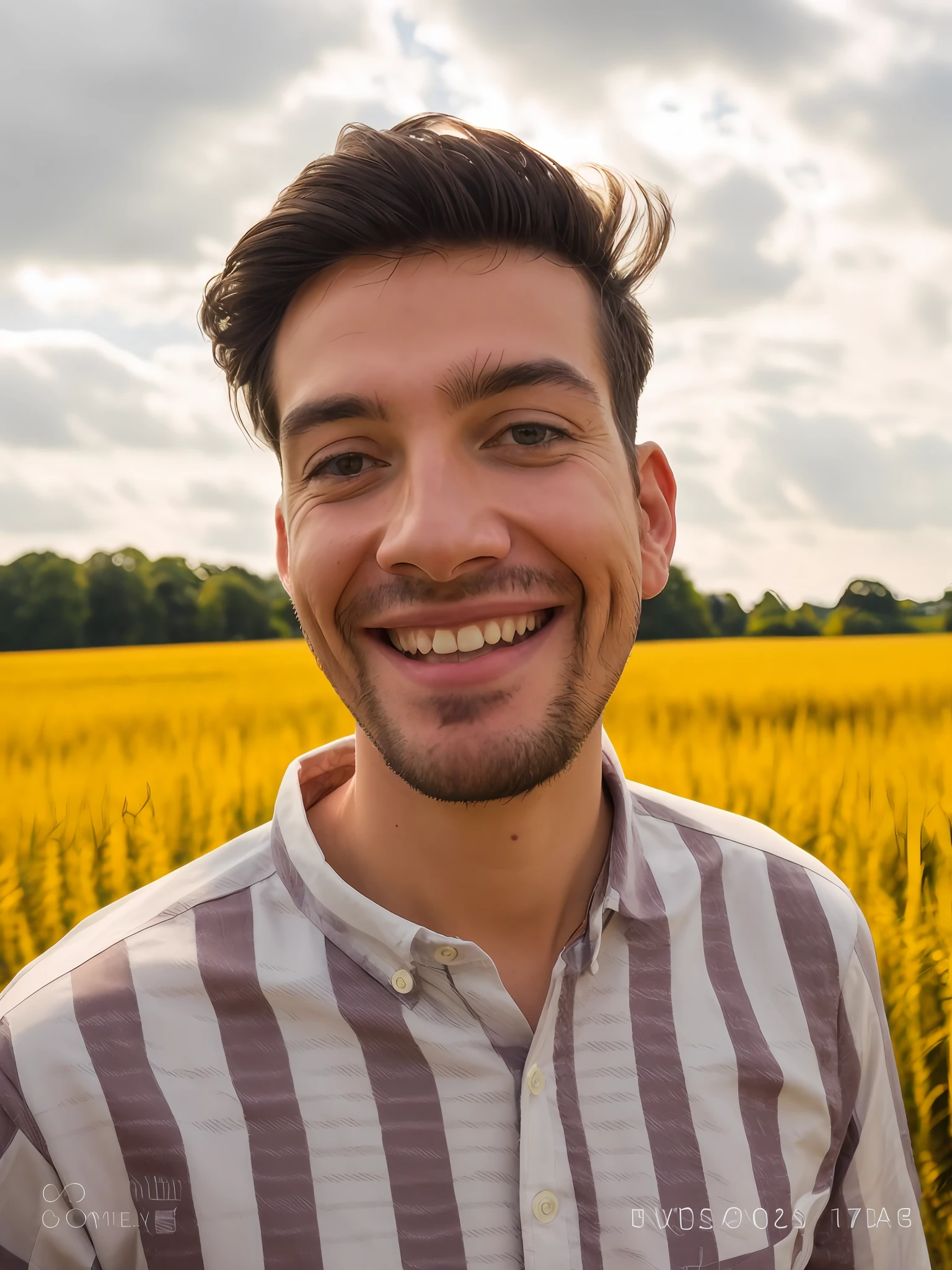 smiling man in striped shirt standing in field with people in background, wide - angle portrait, with accurate face, 8k selfie photograph, with a happy expression, insane smile, with kind face, with a beautifull smile, friendly smile, selfie photo, portrait mode photo, face picture, very accurate photo, very huge smile, taken with sony alpha 9, friedly smile