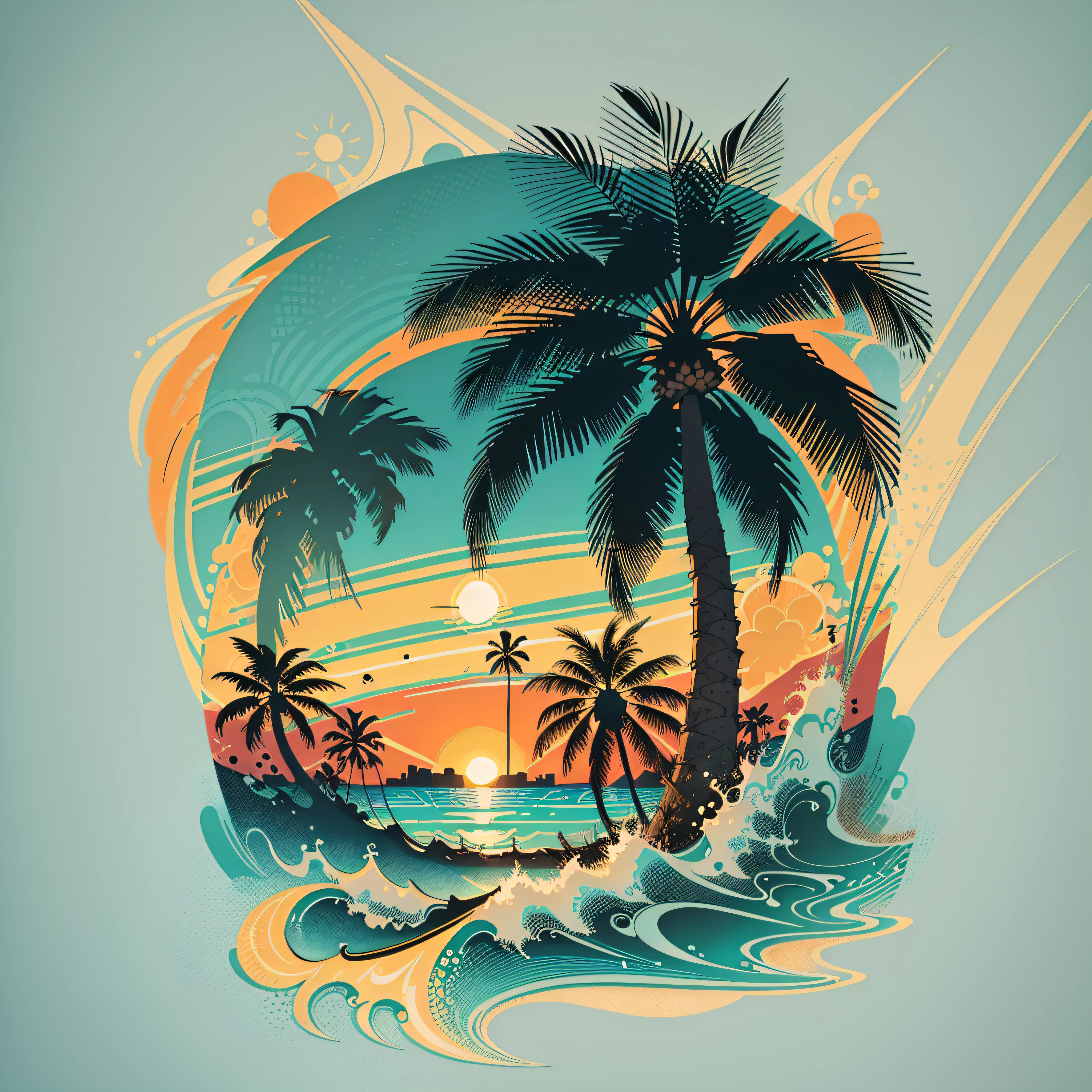 2d vector illustration, tshirt design for summers, palm trees, (surf: 1.1), (combi), sunrays, (best quality, masterpiece: 1.3), minimalist, (8 colors)