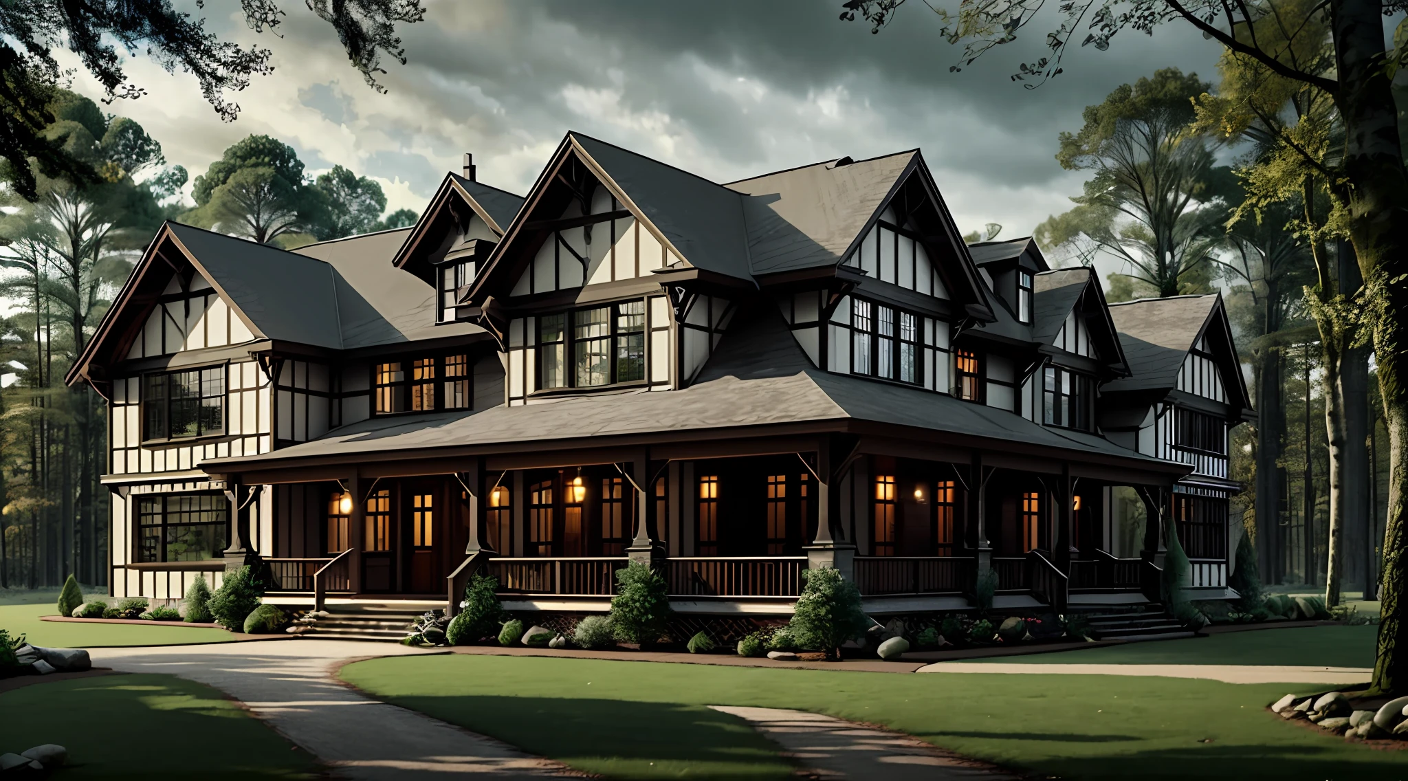 Photorealistic, real, final render, realistic, realism, a huge manor in the forests, stone, grand, horror, scary, dark, dim