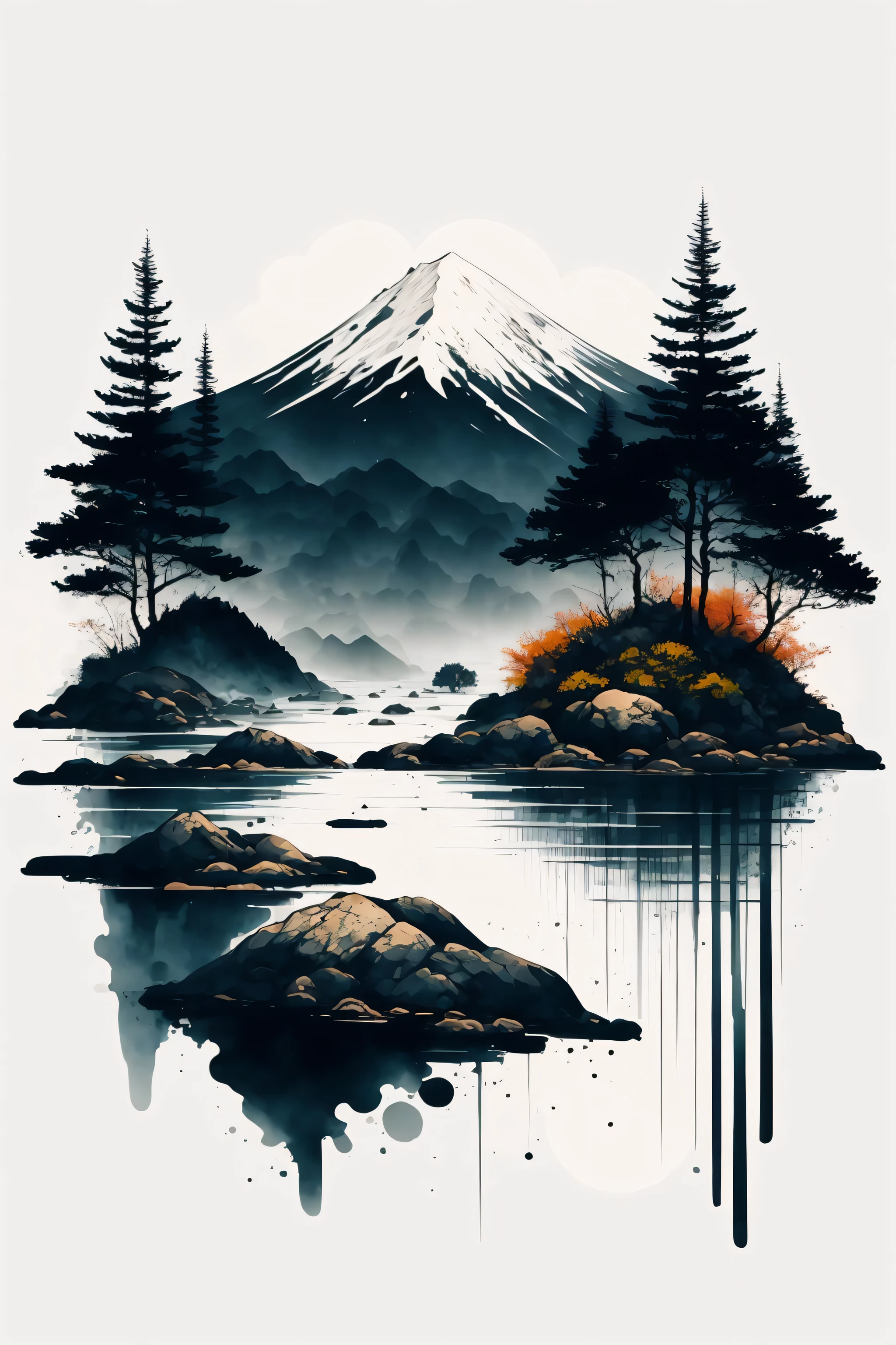 (white background:1.3), scenery, mountain, water, trees, ink