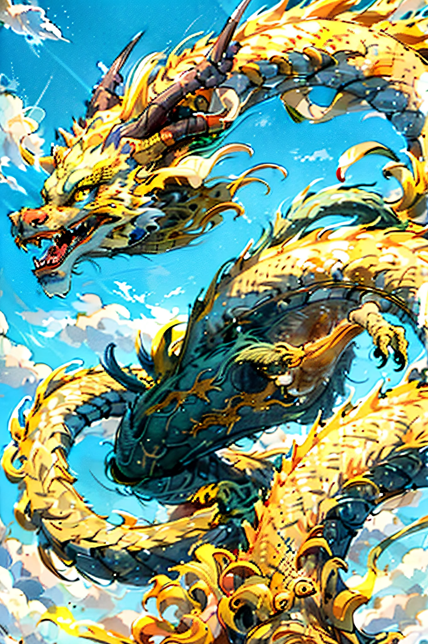 Best quality,masterpiece,ultra high res,nu no humans, (long:1.2),sky, yellow eyes, cloud, scales, eastern dragon, open mouth, sharp teeth, flying, horns, teeth, day, claws, fangs, blue sky
