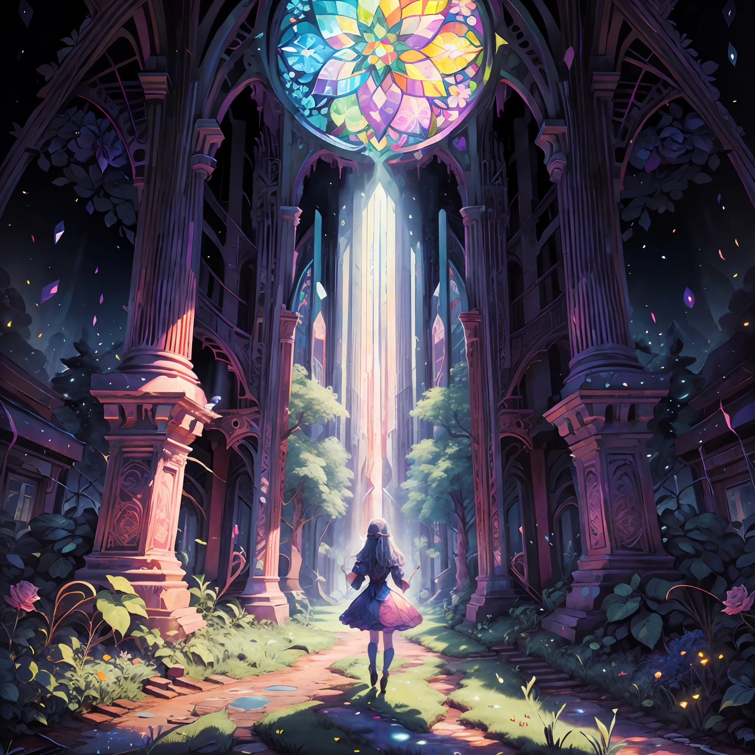 enter an enchanting world, vivid rose adorned like stained glass create a kaleidoscopic symphony --auto