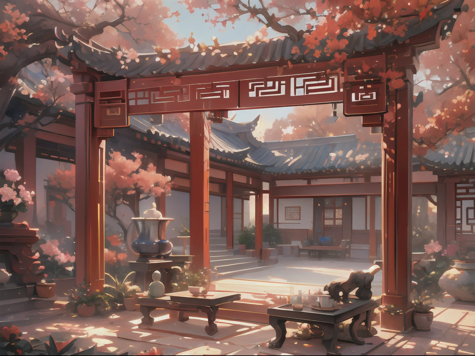 (antique interior design), Chinese home furnishings, round porch, depth, symmetrical design, ((antique carved door beams, carved beam paintings, tables and chairs, bonsai, vases, porcelain, trees, flowers, Chinese lamps, embroidery, screens, beds, cushions, red sand curtains)), exquisite home, rich details, ancient Chinese Ming dynasty style, quiet and elegant atmosphere, red tones as the keynote, exquisite and soft painting style, cinematic lighting effects, HD picture quality, soft light, Tyndall effect, dreamy, rich details, Reference Gu Kaizhi, 32k, high quality, high resolution, (very detailed CG unity 8k wallpaper)