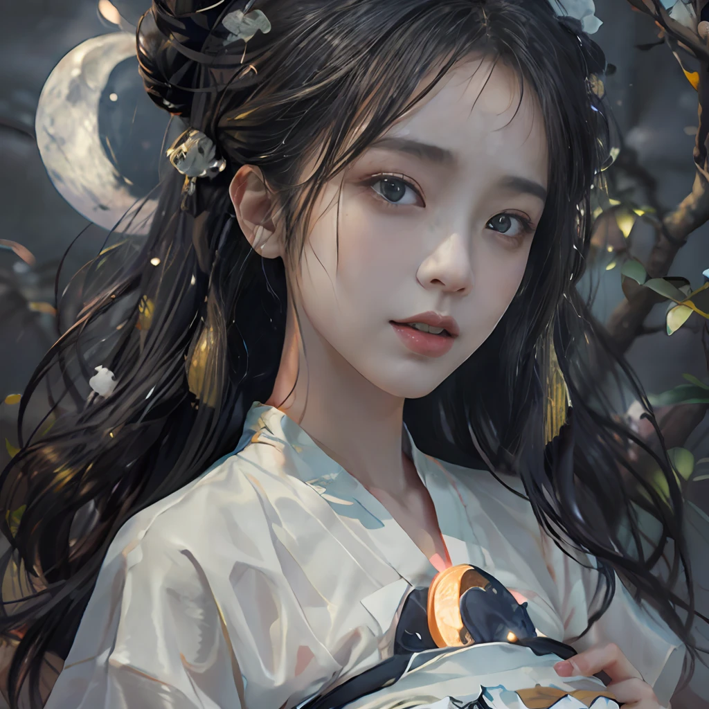 a 20-year-old woman, a girl Chinese fairy, gloom face, beautiful Chinese fairy tale face, beautiful face without flaws, slender body, fair skin, thin and beautiful lips, dont smile, (keep your mouth shut again:1.2), (The scene of the moonlight is magical:1.8), the full moon shines, moonlight, the moon, (luxury house in ancient Chinese style:1.2), Chinese-style bun hair, shiny black hair, flying hair, long hair, blue eyes sad gaze, twinkle eyes, big round eyes and very nice and detailed makeup , holy woman body, breasts round, big and round breasts, a beautiful face in detail and well-proportioned eyes, meticulous makeup, drooping arms, Realistic and vivid images, stars that make up the sky, sexy body, most beautiful eyes, picture perfect eyes, beautiful saint and flowers, jewelry, beautiful face, upper body, hanfu, high resolution, best quality, best photo, 8k quality, 8k ultra, surreal, best real life photo, hdr, high skin detail, Bokeh, Smooth and sharp, 10x pixel increase, fictional art, 8k CGI, realistic, medium shot, (upper body), (white hanfu:1.8), by Mappa, five finger,