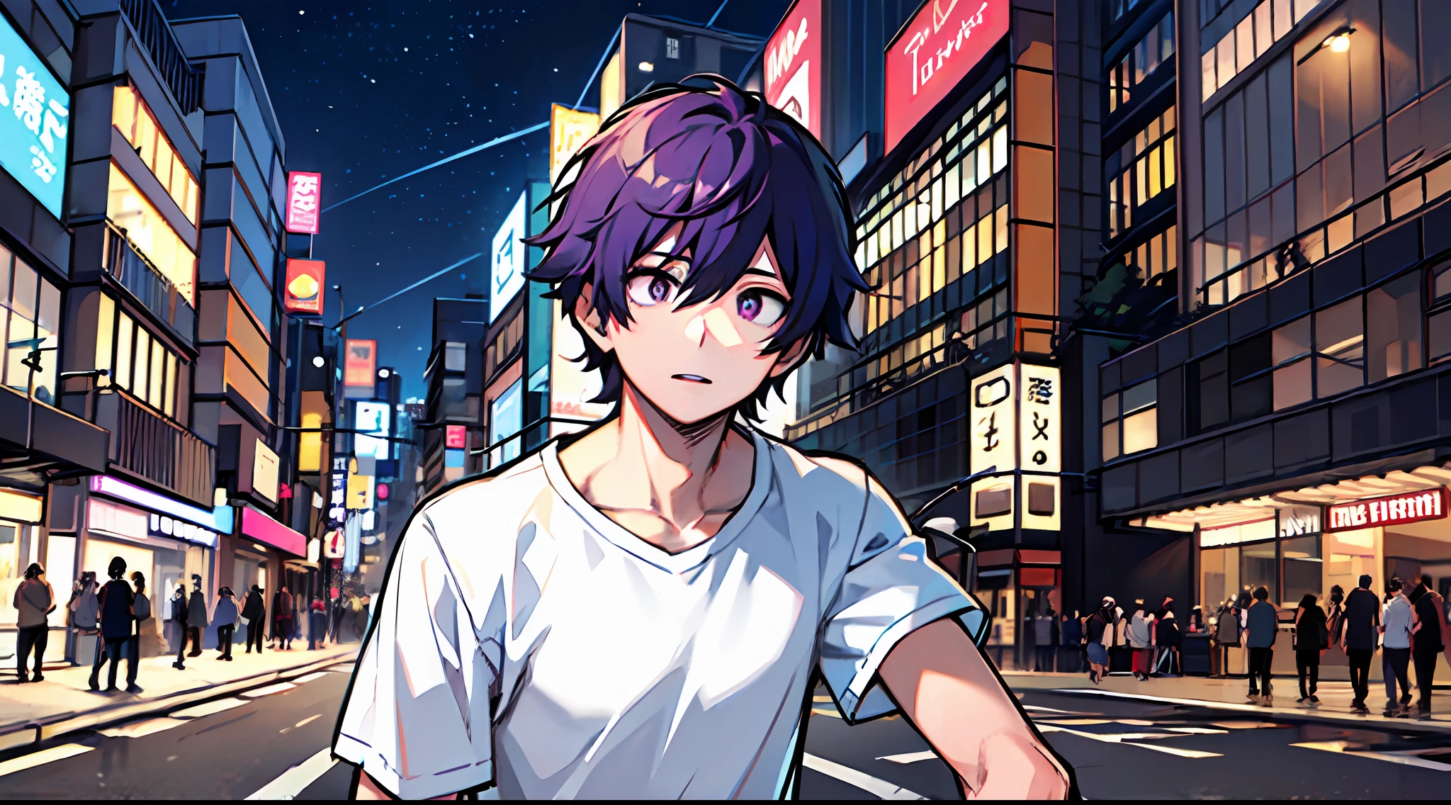 top-quality、​masterpiece、Night Background、Time is night、Boy with purple hair、Deformed、Wearing a white t-shirt and jeans、eyes are brown、Intersection of TOKYO at night、dark sky、Dynamic poses、Perspective composition