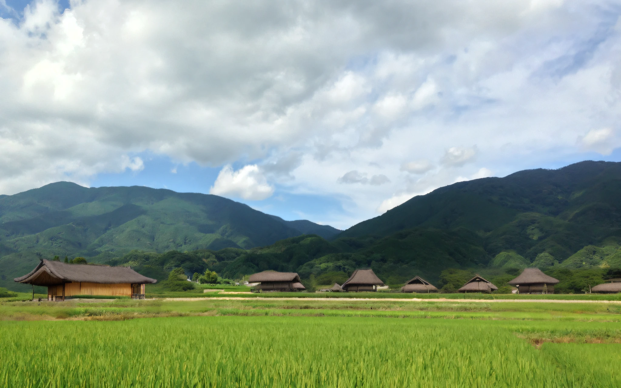 evening、The building lights are on、amazing wallpapers、(​masterpiece),(hightquality), top-quality, realisitic,(realisitic), ultra-detailliert, (Full Detail),(4K),8K,No humans, landscapes,Rendering of wooden architecture with thatched roof, wooden building, thatched roofs, Wooden house, bamboo huts, Japan buildings, House with thatched roof, wooden building, Small buildings, Pointed wooden roof, simple gable roofs, small houses, Log Pile Factory Rendering, Inspired by Ed Martik, Wooden house、((Fence made of straw))、natta、beautifully lit buildings、Beautifully Aesthetic、a picture、film like、At 8K、high detal