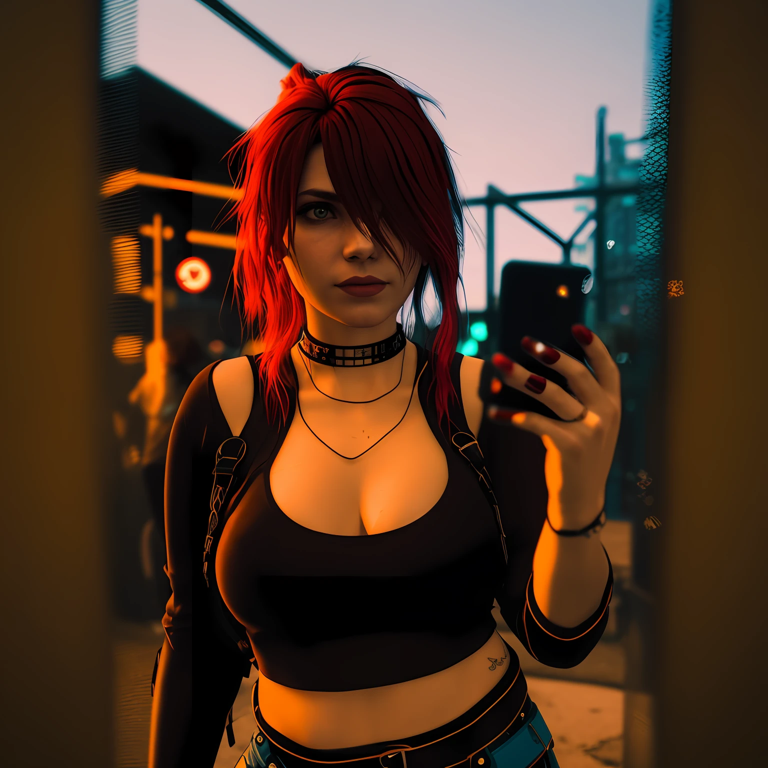 LOCKING FOR FRONT, HAND HOLDING PHONE, There's a woman with red hair and a black top taking a picture, in a cyberpunk setting, vibe cyberpunk, em cyberpunk city, estilo anime. 8k, feminino ruivo, em uma cidade cyberpunk, anime vibes, menina de anime cyberpunk feminino