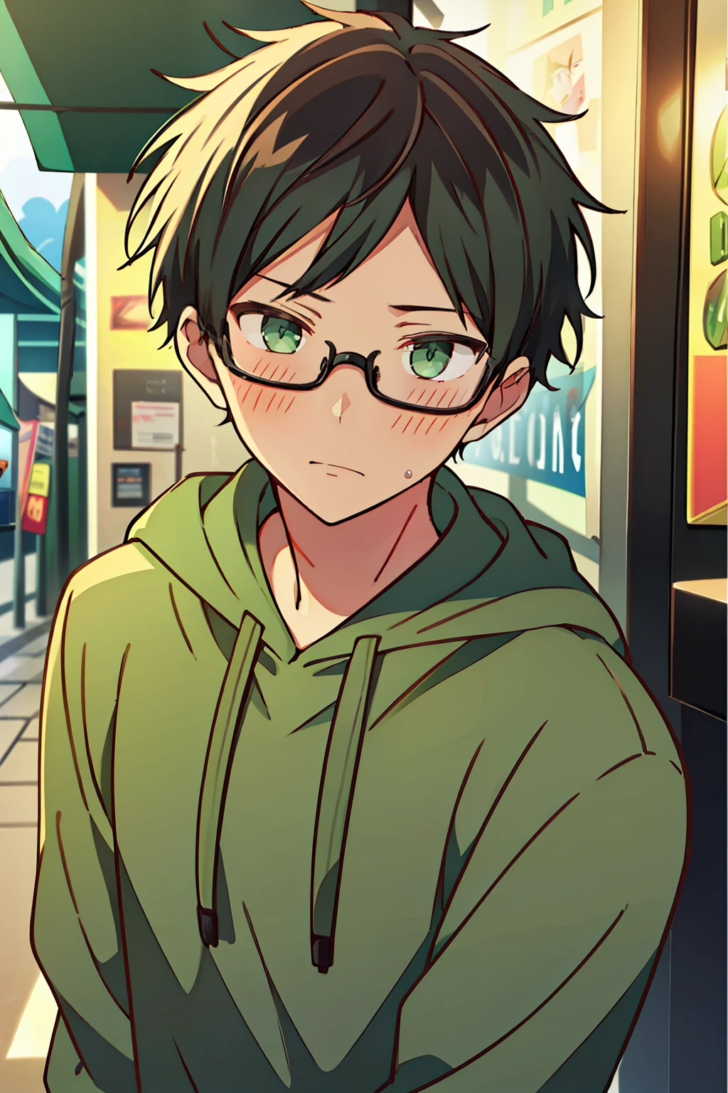 (high-quality, breathtaking),(expressive eyes, perfect face), 1boy, male, solo, short, young boy, short black hair, green eyes, glasses, blush, hoodie, on the street