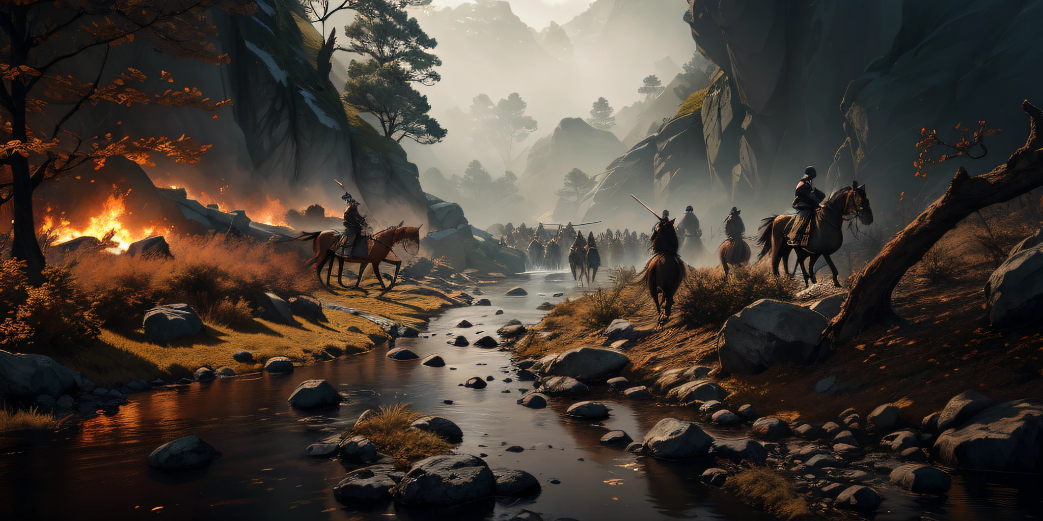 Cinematic surreal highly detailed photo,Ancient China classical traditional style, black warriors,Ancient China swords, Ancient China warriors and Ancient China soldiers fighting, battle scene,By the stream in the forest, afternoon time, with messy flags, looking up and wide angle shot, realistic film color scheme,by Artstation,Cinematic Lighting, High sharpness, crisp,perfect shading, Fullshot, Epic Extra wide shot, Photo, ultra high quality, extremely detailed, detailed, tone mapping, fantasy, 28 mm lens, smooth reflections, tone adjustments, high contrast,Ambient Occlusion,volumetric lighting, edge lighting,gentle shadows, cinematic lighting, 16k, hyperrealism, octane render, unreal engine 5 renderornate, CGI, unreal engine, octane render, photorealistic,ouch of goth, --ar 2:1