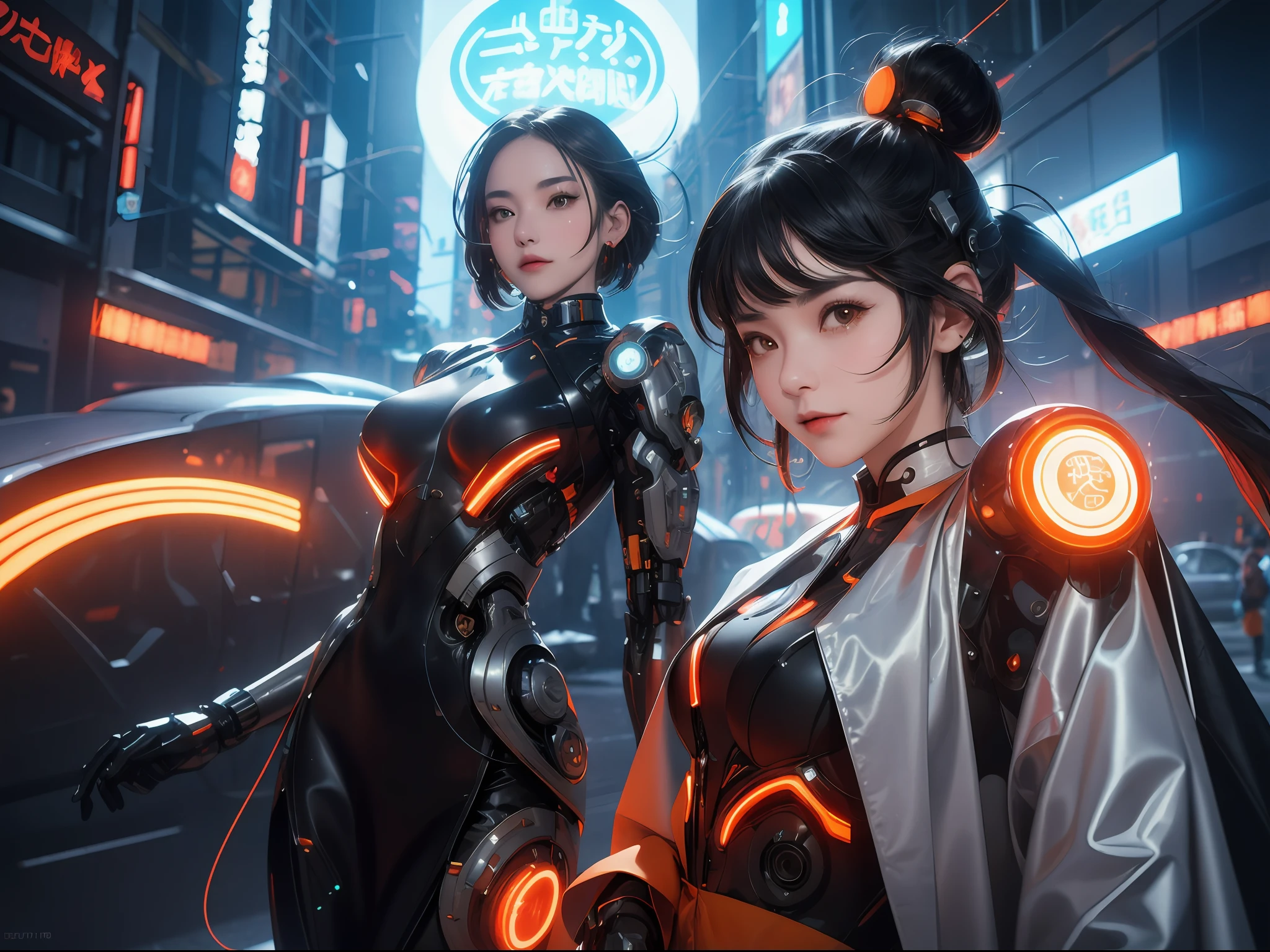 1 girl, Chinese_clothes, metallic black titanium and orange, cyberhan, cheongsam, cyberpunk city, dynamic pose, detailed luminous headphones, glowing hair accessories, long hair, luminous earrings, glowing necklace, cyberpunk, high-tech city, full of mechanical and futuristic elements, futurism, technology, glowing neon, orange, orange light, fluorescent orange, skirt, cape, coat, laser, digital background, urban sky, big moon, with vehicle, best quality, masterpiece, 8K, Character edge light, super high detail, high quality, the most beautiful woman in human beings, slight smile, face facing front and left and right symmetry, ear decoration, beautiful pupils, light effects, visual data, pick and dye orange, dye hair, super detail facial texture, happy and proud, weapon system, mecha style, crowded street passers-by, mechanical wings, super light and shadow