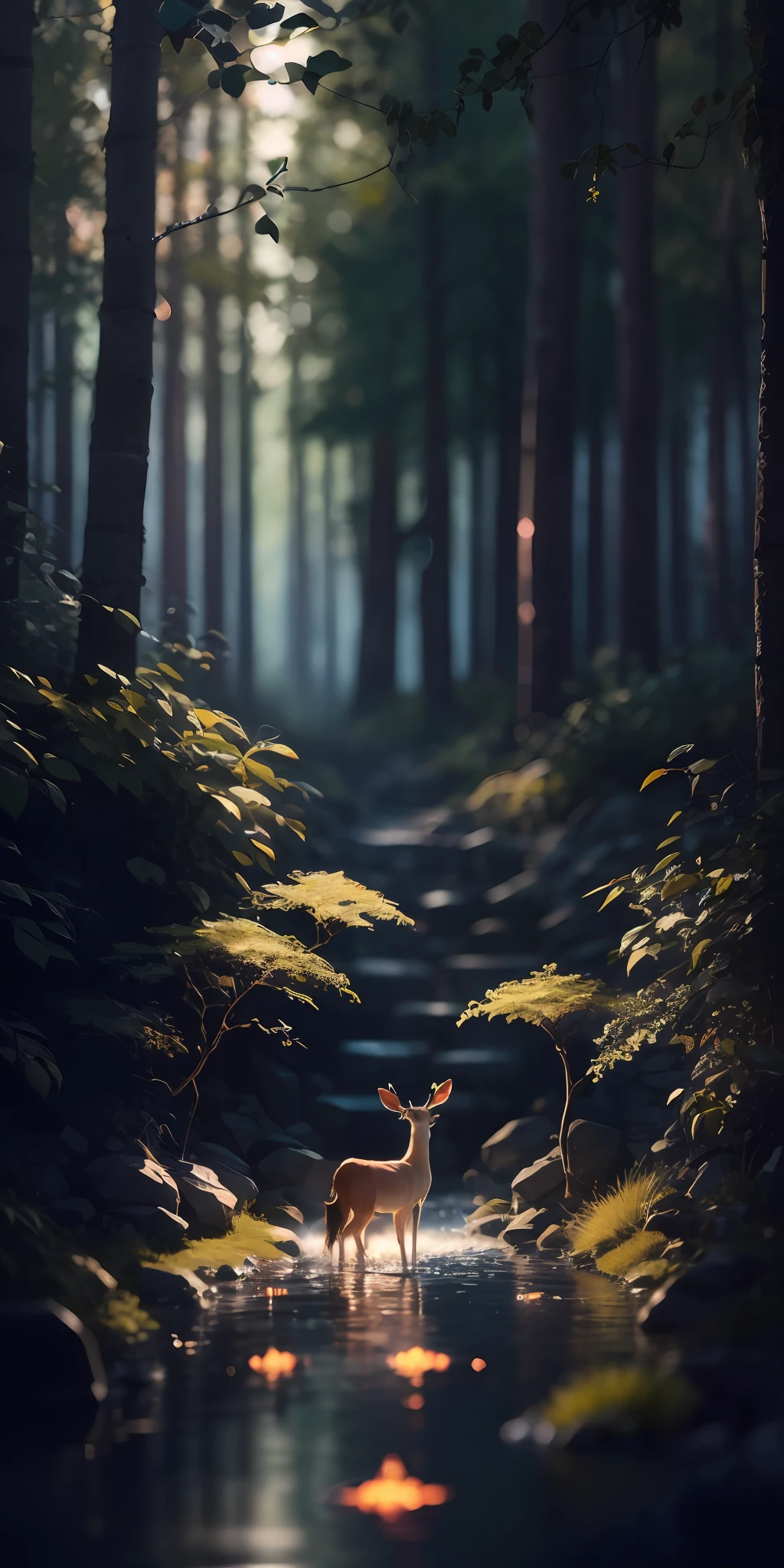 Masterpiece, best quality, (Ultra-detailed CG unified 8k wallpaper), (best quality), (best illustration), (best shadow), glowing elf with a glowing deer, drinking water in the pool, natural elements in forest theme. Mysterious forest, beautiful forest, nature, surrounded by many flowers, delicate leaves and branches surrounded by fireflies (natural elements), (jungle theme), (leaves), (branches), (fireflies), (particle effects) and other 3D, Octane rendering, ray tracing, super detailed , deer --auto --s2
