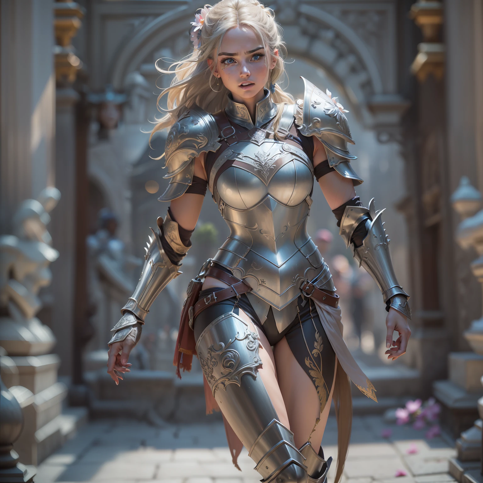 (8K, best quality:1.2), (masterpiece:1.37), (photo, photorealistic:1.37), (ultrahigh-res), full body, walking pose, shot from front, slow motion, female paladin wearing the full body, (light silver armour:1.2),(ornately decorated armor), (insanely detailed, bloom:1.5), (highest quality, Alessandro Casagrande, Greg Rutkowski, Sally Mann, concept art, 4k), (analog:1.2), (high sharpness), (detailed pupils:1.1), detailed face and eyes, Masterpiece, best quality, (highly detailed photo:1.1), (long blonde Hair, ponytail,ecstatic:1.1), (young woman:1.1), sharp, (perfect body:1.1), realistic, real shadow, 3d, (temple background:1.2), (by Michelangelo), photographed by Canan EOS R6, 135mm, 1/1250s, f/2.8, ISO 400