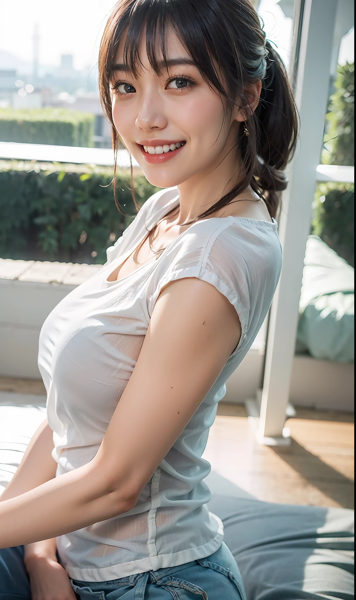 arafed asian woman in a white shirt and blue shorts, lovely smile, cute seductive smile, 奈良美智, teasing smile, chiho, charming smile, friendly seductive smile, japanese model, elegant smiling pose, slight cute smile, beautiful and smiling, warm and gentle smile, smiling sweetly, with a seductive smile, seductive smile
