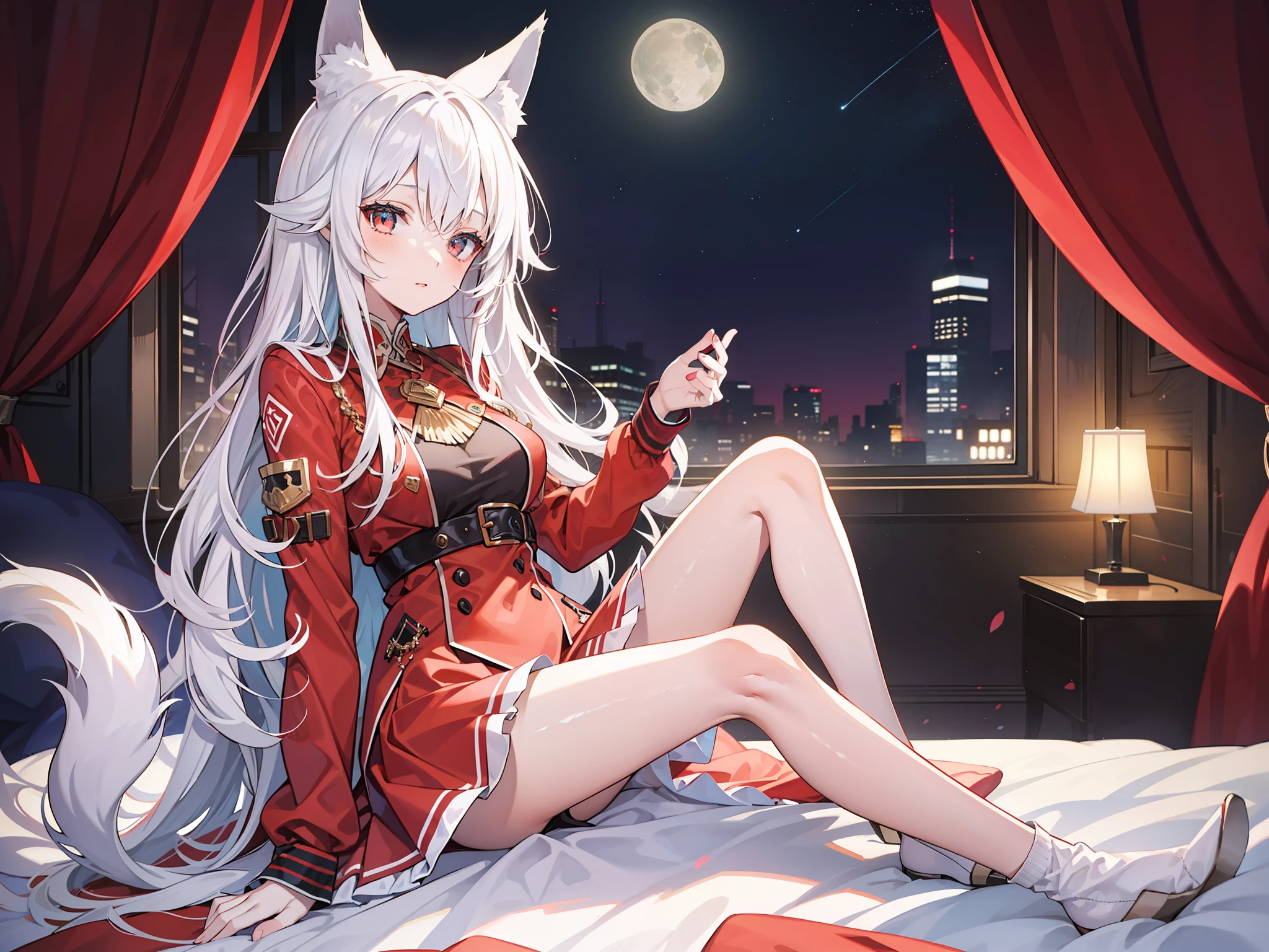 1girll，fox ear，Sit，onbed，Red clothes，long  white hair，proud，the night