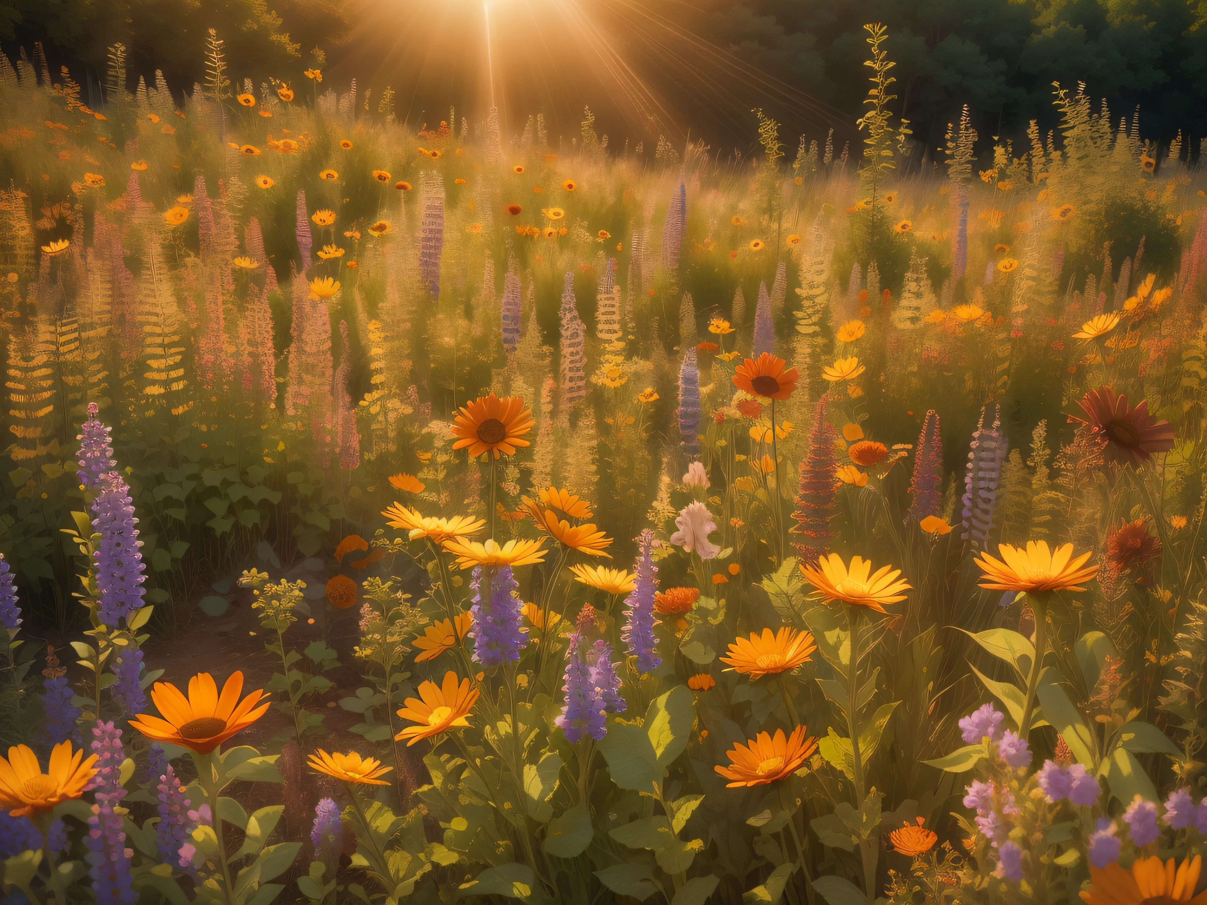 flower photography, In the style of impressionism, a fine art photograph of a sun-drenched field of wildflowers. The colors are vibrant and saturated, with each flower carefully composed within the frame. The lighting is warm and natural, with the sun casting a soft glow on the scene. The overall effect is refreshing and serene, with the viewer feeling as though they are standing in the middle of a beautiful summer day., fine art photography, landscape photography, deep colors, earth tones