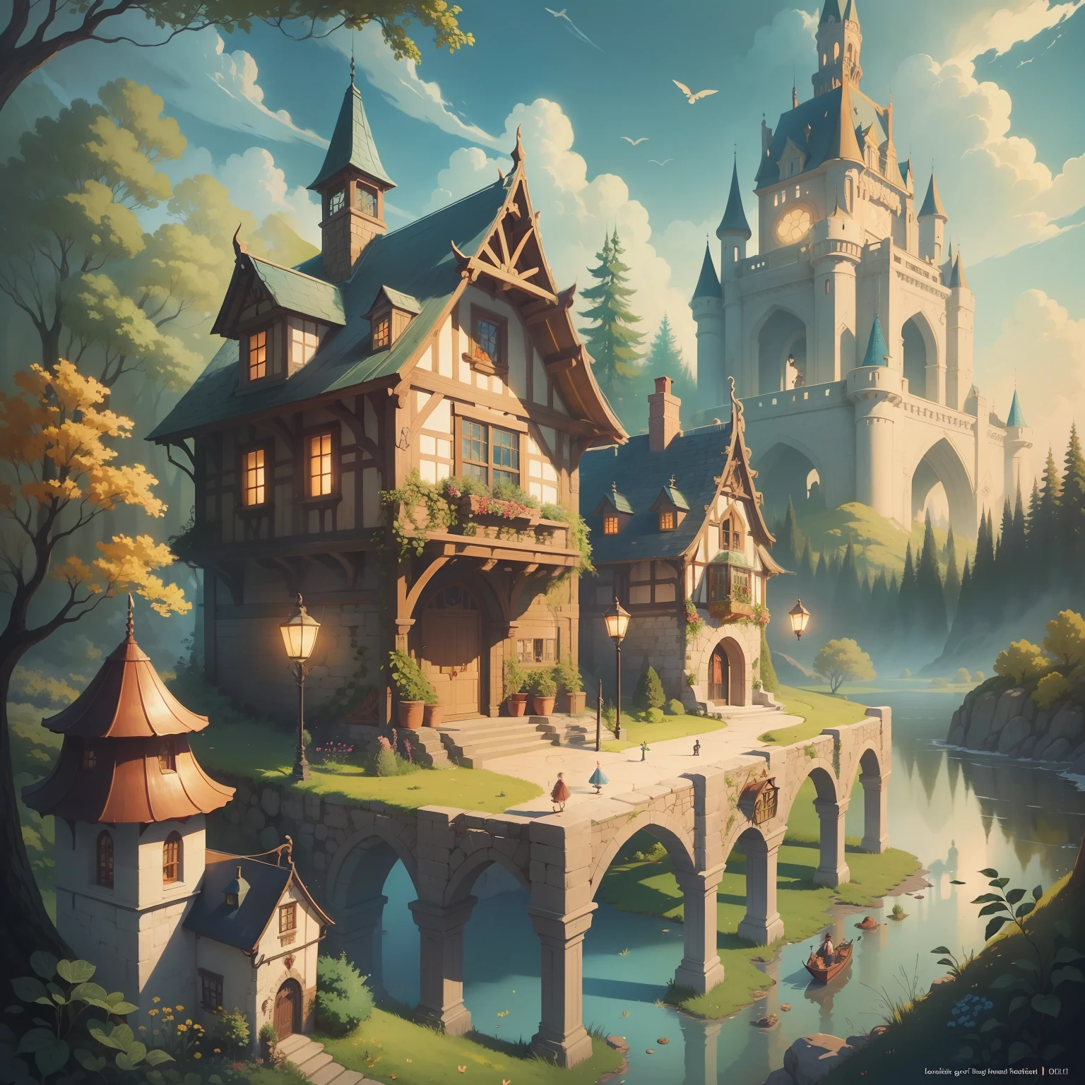 "Visually appealing illustrations that bring fairy tales to life. Showcase a collection of enchanting illustrations depicting classic fairy tale scenes and characters. The illustrations should transport viewers to magical worlds and evoke a sense of wonder and nostalgia. Demonstrate how these illustrations can be used in children's books, posters, and digital media to showcase their purpose and versatility."