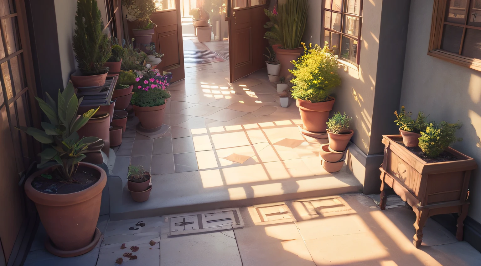 tmasterpiece,Best quality at best,Very detailed CG unity 8K wallpaper,The best illustration,The best shadow,Second floor of the villa,terrazzo,flower pots,(1920s), (English Town),(Particle effect)and other 3D,Octane rendering,Ray traching,Super refined --auto