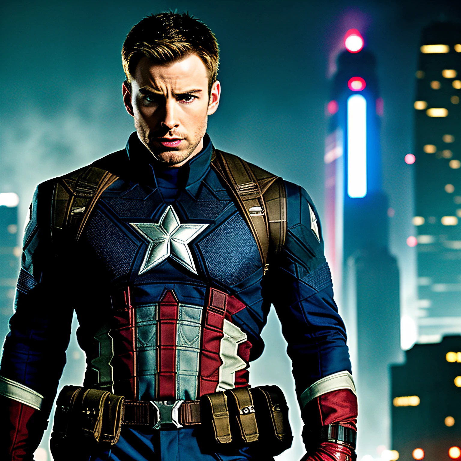 portrait of chrisevans person as captain america, in blade runner, professional photography, cloudport, huang-guang-jian,
