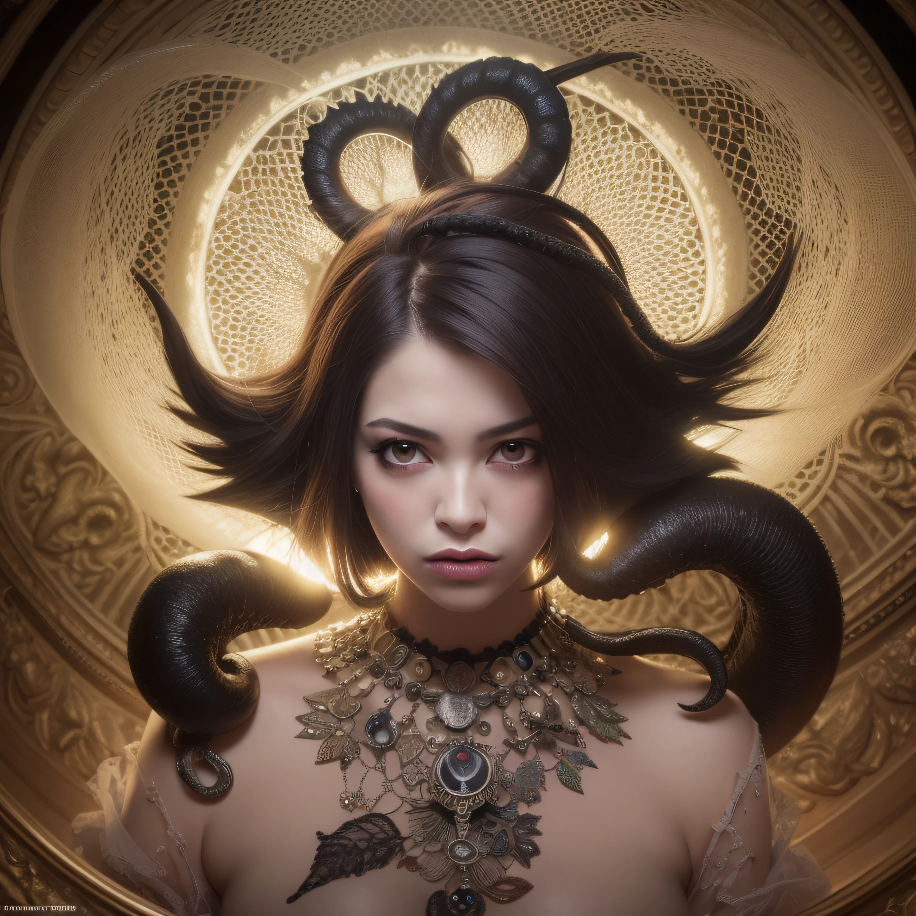 (extremadamente detallado, obra maestra, La mejor calidad), Estilo oscuro, intense illumination, rostro con arrugas, lengua larga, tentacle, deforme, monstruoso, un anciano con Colmillos finos, amenazante. mujer punk. Rococo composition. Luz de caravaggio