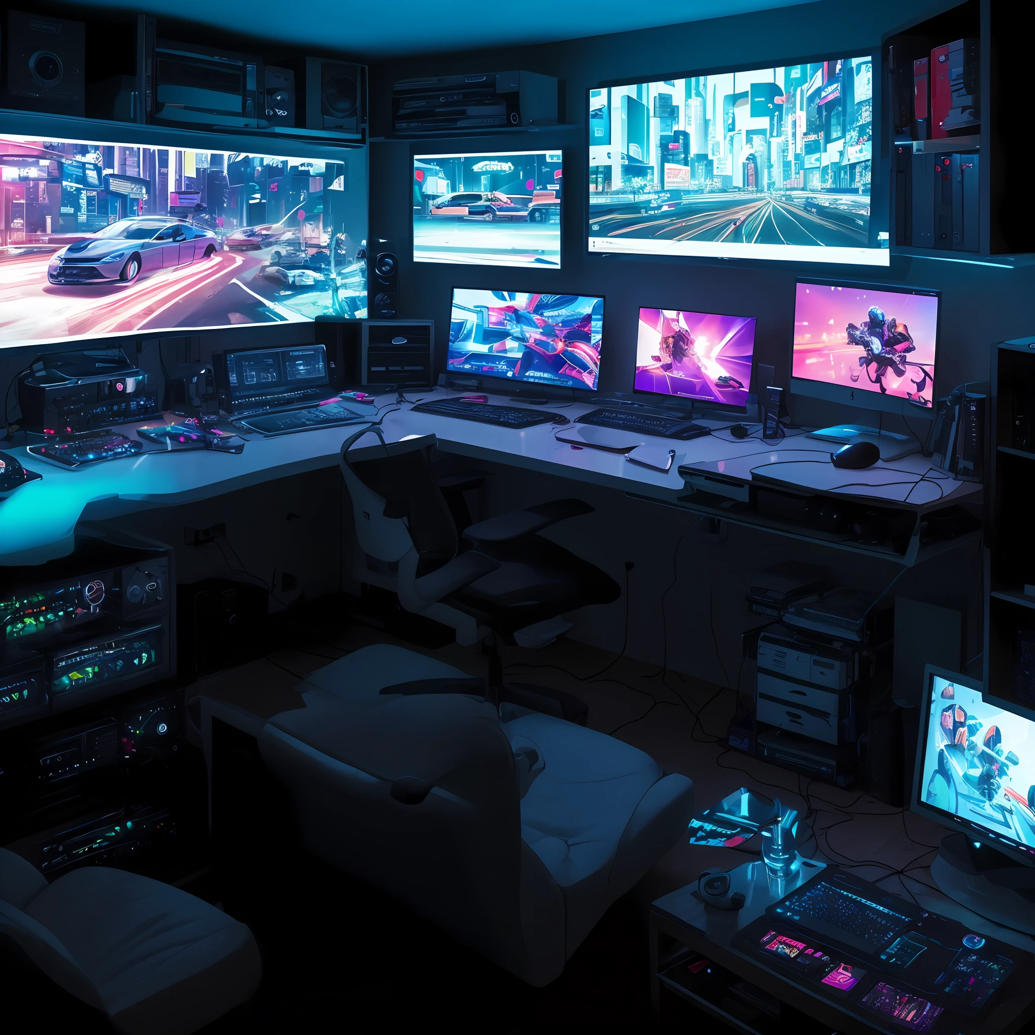 interior de um home Studio, muitas luzes led, caixas de som, mesas de mixagem, com um personagem oculto de costas,sentado na mesa, mechendo no computador, com fone no ouvido, de blusa de frio, don't show character's face, cyberpunk, ar condicionado, microfone --auto