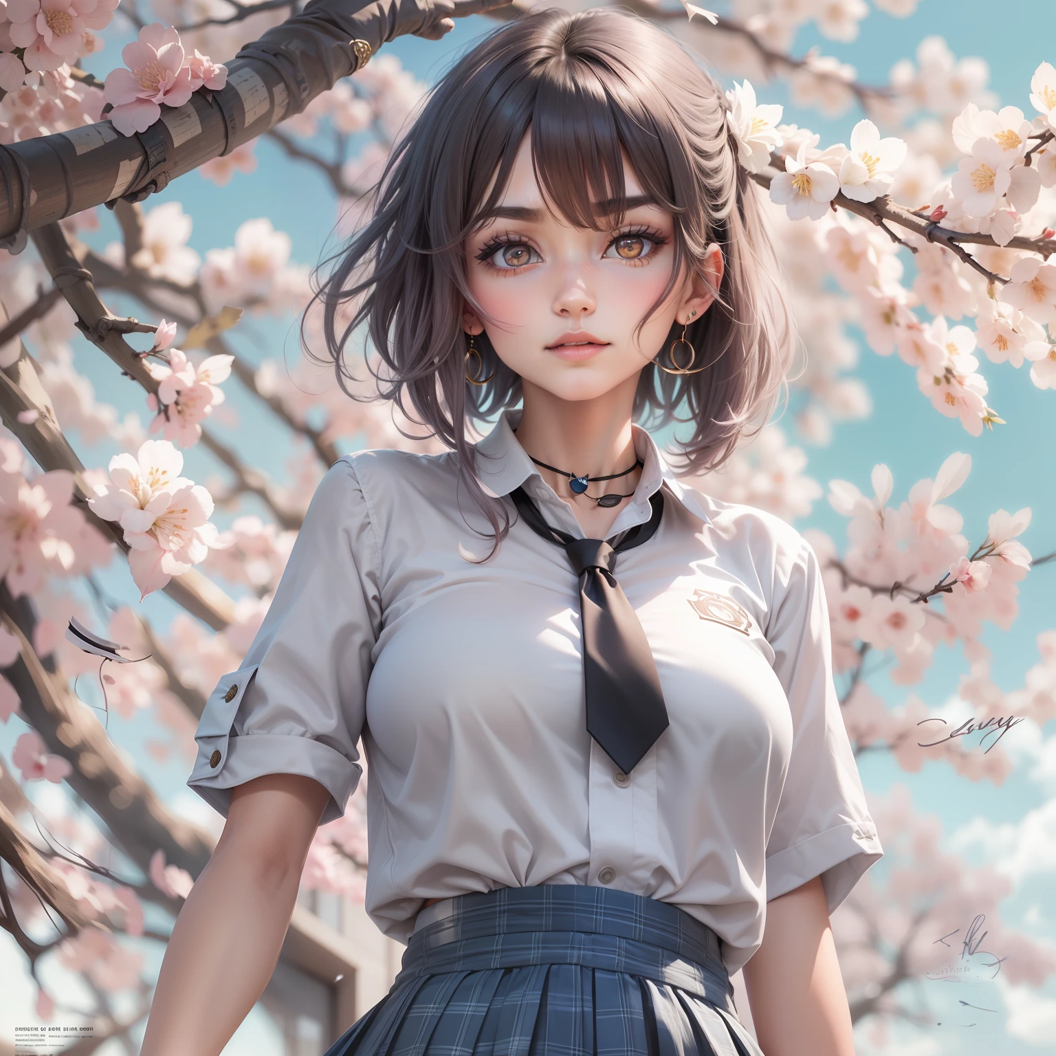 tmasterpiece, beste-Qualit, full - body, a 1girl, quiff, black choker, black necktie, black  hair, Blue skirt, blusher, A bracelet, Choker, clothes around the waist, collarbones, shirt with collar, cowboy  shot, shirt, ear piercing, eyebrows, visible through the hair, Gradient hair, smirk, gyaru, ornaments, Kogal, hairlong, looking a viewer, loose tie, tie, body piercings, cellulose, plaid skirt, pleated skirt, red-eyes, circlet, high school uniform, shirt, upskirt, ssmile, 独奏, white  shirt, street, The sky, cherry blossoms, petals, illustartion, (magazine:1.3), (Cover style:1.3), fashionable, european woman, The vibrant, Attire, Posing, frontal, colourful, dynamic, background, items, Sure, expression, retention, application, accessory, Orus, convolute, Runt, touch, stage, text, cover art, fat, Attention-grabbing, heading, stylish, font, catchy, heading, Larger, The vibrant, contemporary, fashionable, focus, moda