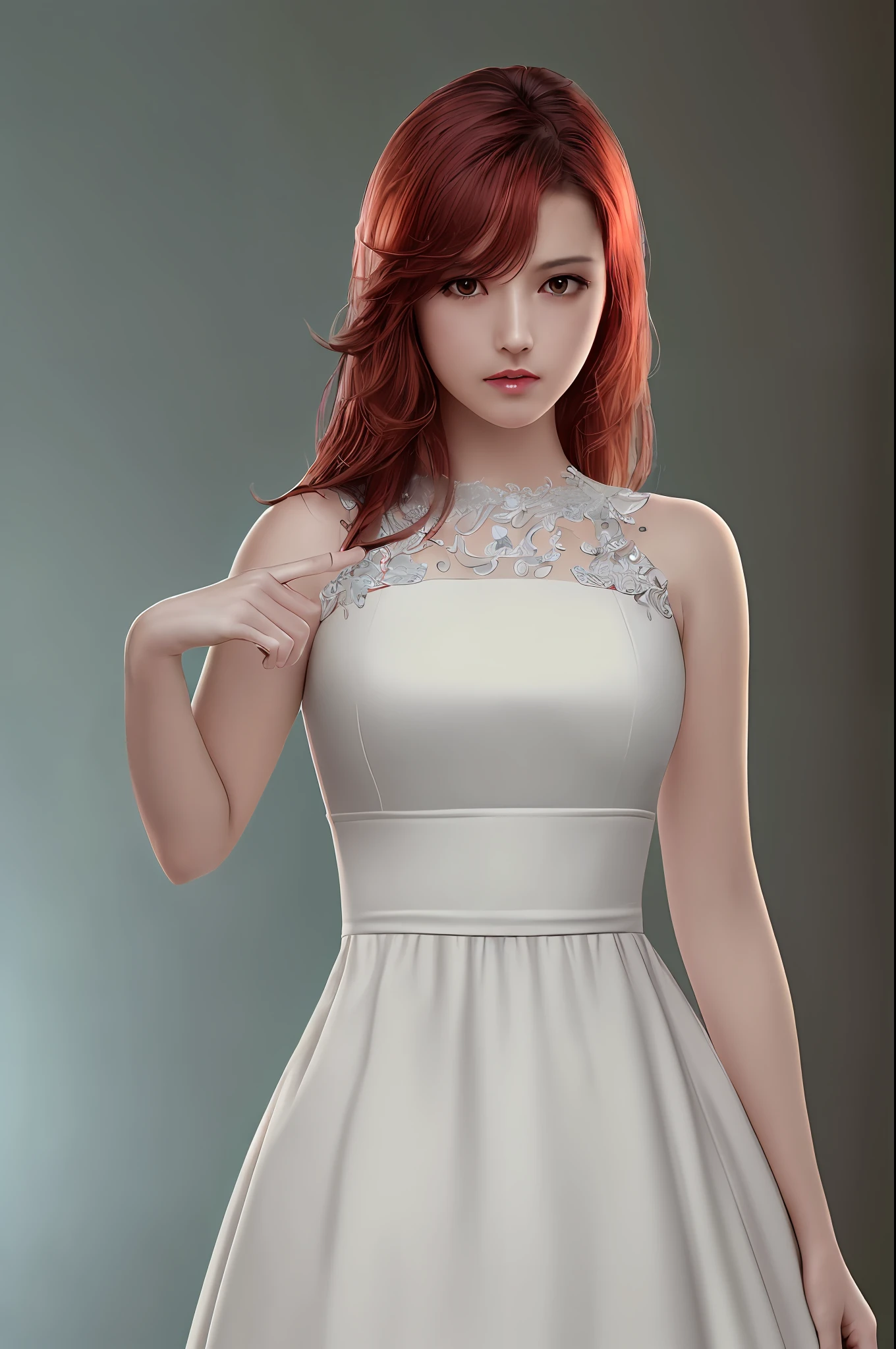 RAW Photography, top-quality, masterpiece, extremely delicate and beautiful, ighly detailed, CG, Unity, 8k wallpaper, amazingly detail, detaile, masterpiece, top-quality, Official Art, the Extremely Detailed CG Unity 8K Wallpapers, ultra-detailliert, hight resolution, ighly detailed, Clair, focus, (top-quality), (realisitic, Photorealsitic:1.6), 8k, Soft lighting, hightquality, lighting like a movie, 1 Girl in a tight dress, central, full bodyesbian, redhair, (perspiring:1), perfect fingers、length hair
