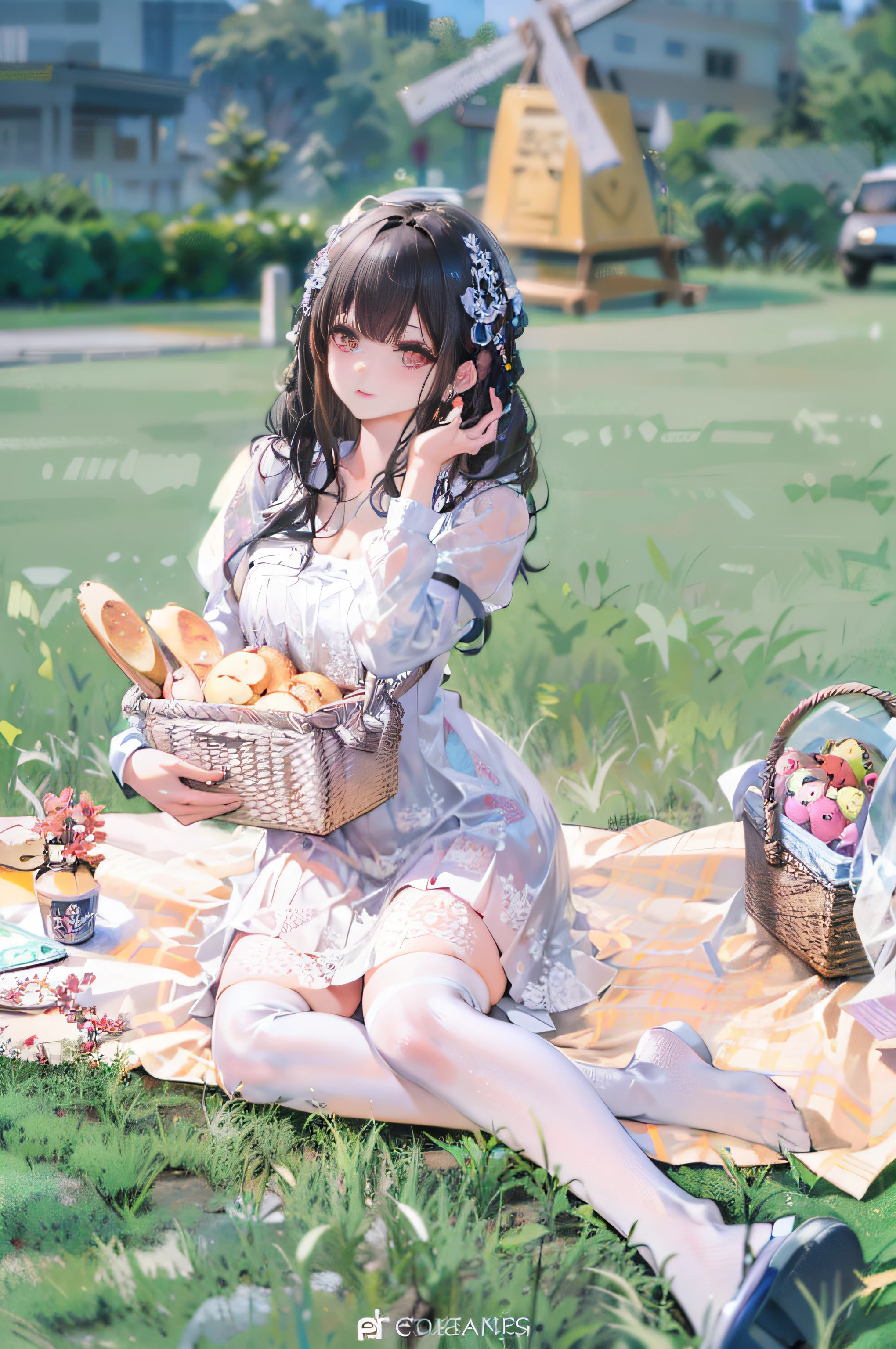Aravi girl sitting on blanket，Holding a basket of bread in his hand, belle delphine, sakimichan, having picnic, ulzzangs, Ruan cute vtuber, bae suzy, photoshoot, cute kawaii girls, imagem de qualidade alta, sakimichan frank franzzeta, trending on cgstation, young and cute girl, lalisa manobal