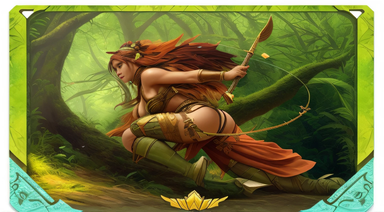 realista, uma pintura de uma mulher com um arco e flecha em uma floresta, forest hunter lady, Artista Marcial Dryad, Arqueiro florestal feminino, amazon warrior, trading card fond, greek amazon warrior, Rainha da Selva, collectible card art, mulher das cavernas, muscular female druid, Goddess of the hunt, Deusa da Floresta, arte completa, lindo guarda florestal da selva