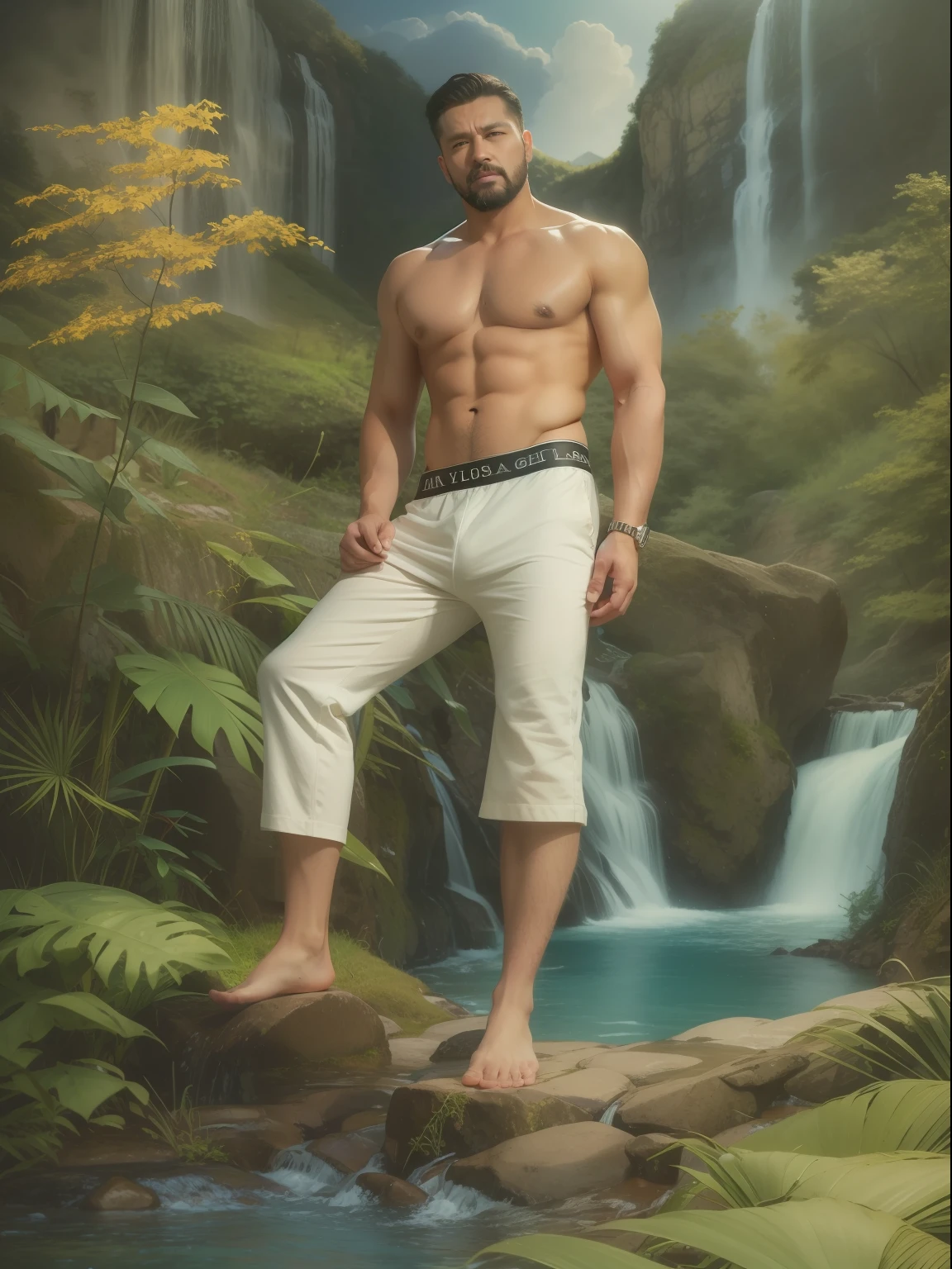 (Masterpiece)Very high quality, OilPaintStyle，rich colours，detailed meticulous，Very contagious, The theme is nature，Rochas，waterfallr，with blue sky and white clouds，grass，warm sunlight，A gentle breeze，a peaceful and serene atmosphere, The whole body is 40 years old，Kogoro Mouri，Shirtless man in underwear（The contour is raised）kneeling on a bed，leg wide open，lbeard，Scar