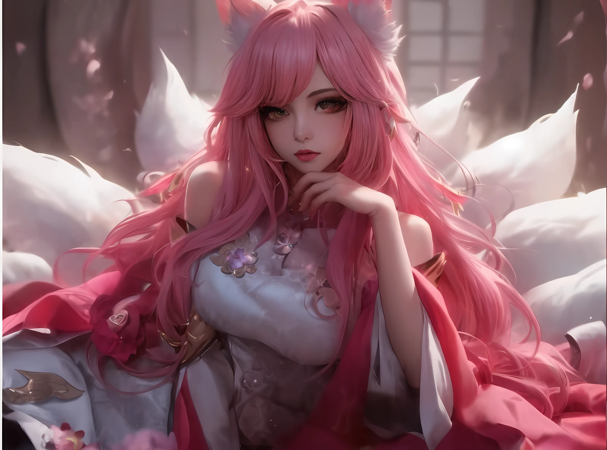 (master part, Qualidade Superior, best quality, Arte Oficial, Beauty and Aesthetics: 1.2), close-up de uma mulher com cabelo rosa e orelhas de gato, Retrato de Ahri, Guvez, Mulher-Gato Anime Bonita, Ahri, Muito bonita Anime Catgirl, Arte estilo Guviz, Liga das Lendas Ahri, germe de arte extremamente detalhado, anime de fantasia bonito, Arte de detalhe de alta qualidade 8K, Anime Waifu, vestido de casamento preto, black demon horns