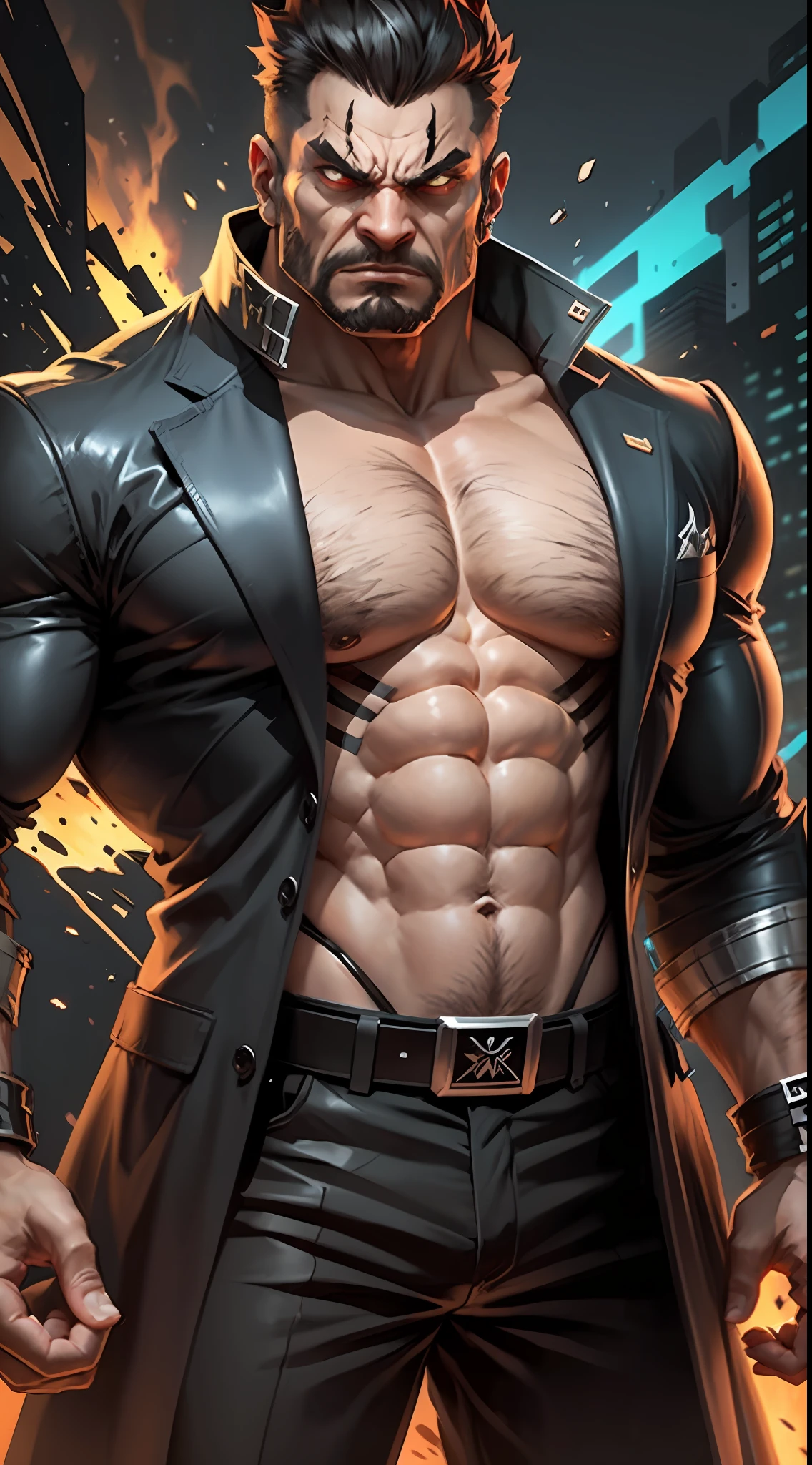 a super strong game boss extremely muscular, angry expression sinister very bad, wearing a stylish suit. --auto --s2