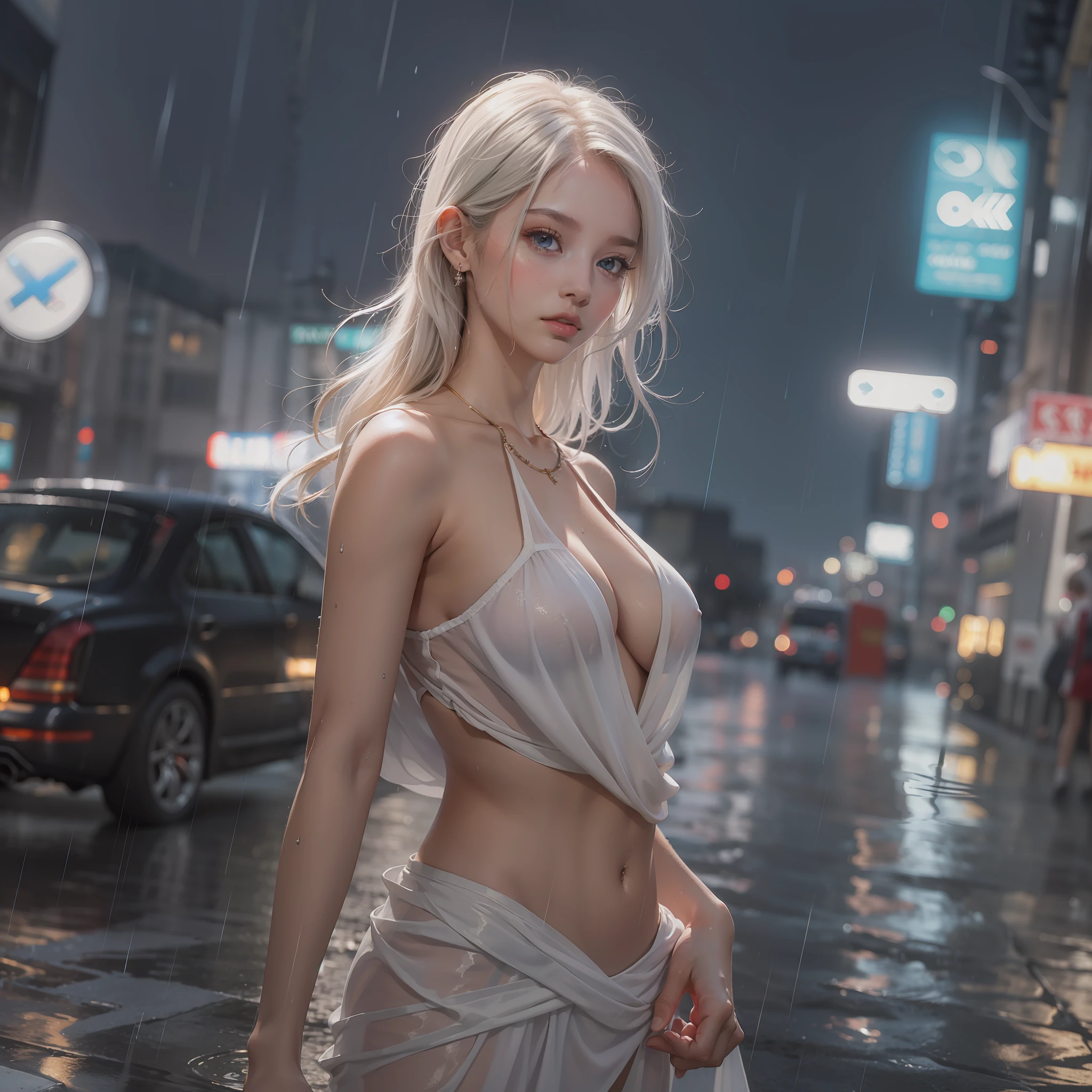 ((Best Quality, 8K, Masterpiece:1.3)), Focus: 1.2, Perfect Body Beauty: 1.4, Buttocks: 1.2, ((Layered Haircut, Breasts: 1.2)), (Wet Clothes: 1.1) , (Rain, Street:1.3), Bandeau Dress: 1.1, Highly Detailed Face and Skin Texture, Delicate Eyes, Double Eyelids, Whitened Skin, Long Hair
