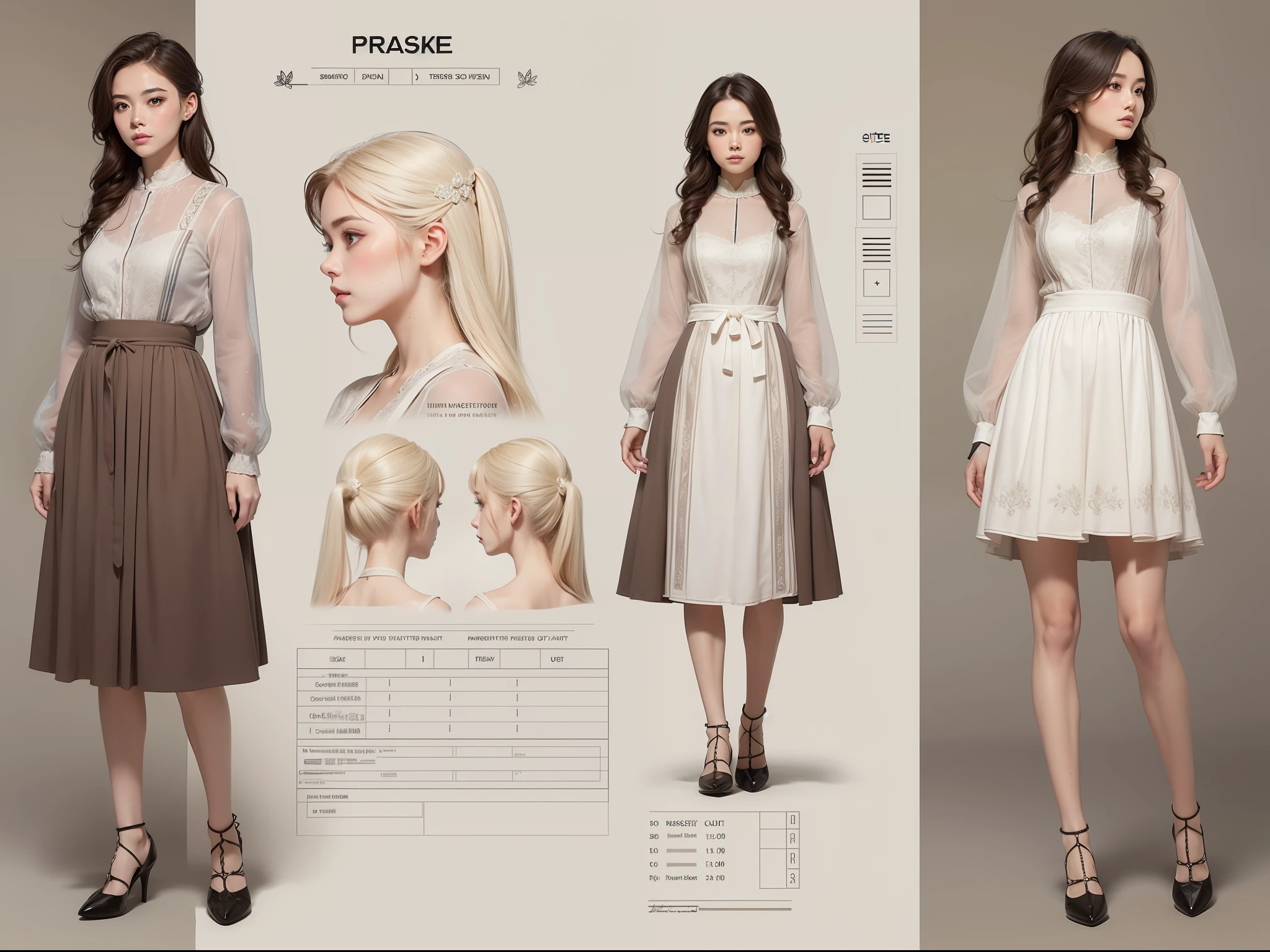 (masterpiece), ultra-detailed, 3 views, front view, side view , back view, different hairs design, ((A character sheet:1.4)) or reference sketch of a girl, with England traditional dress, long hair, glowing skin, pure look, ultra-realistic and sharp detail and intricate, intricate details, and style, simple background illustration