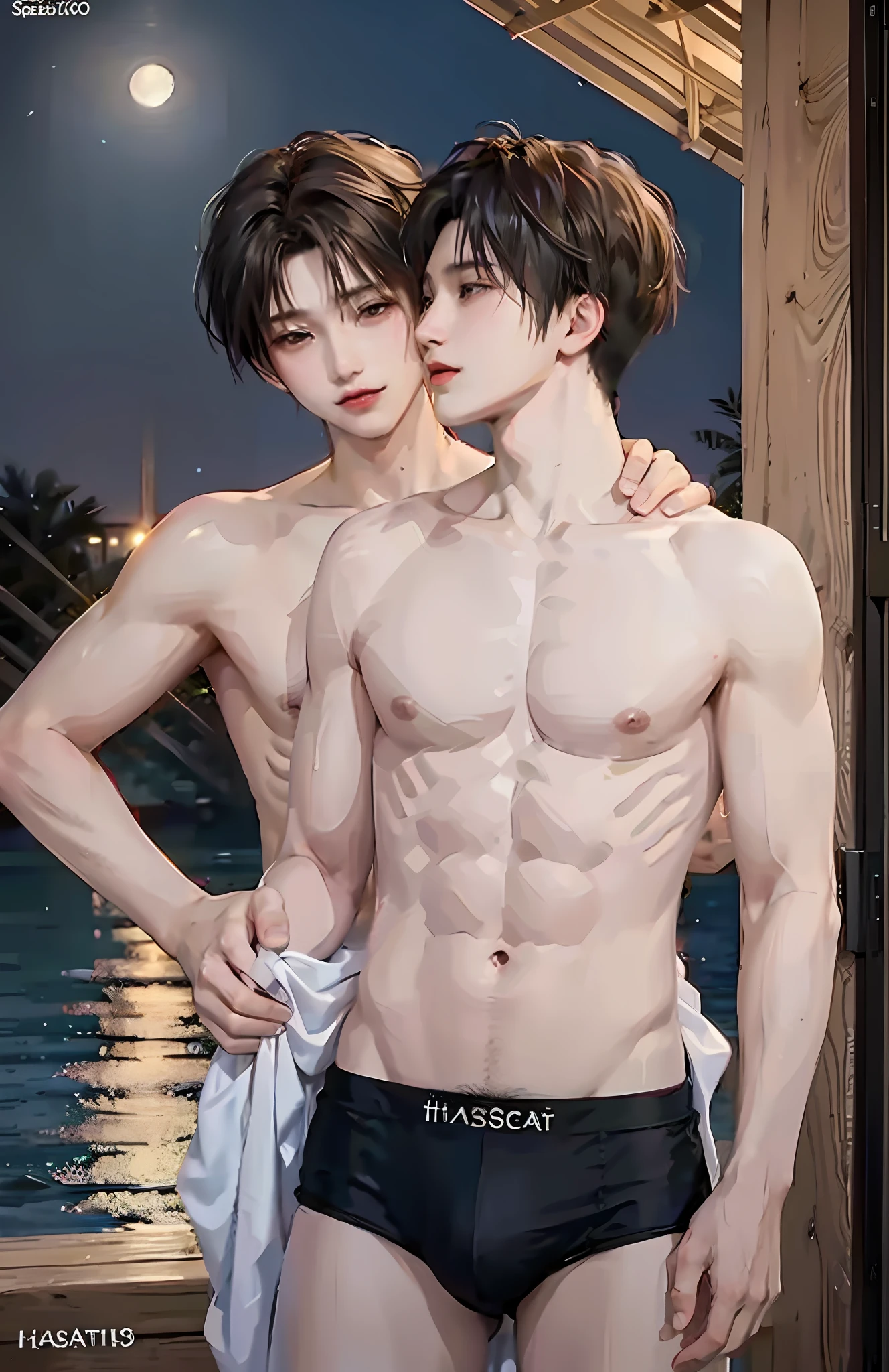 Masterpiece, top quality, two men, adult, in a small speedos, shirtless, abs, kiss on the neck, tall muscles, handsome and delicate eyes, intricate details, clear water, moonlit night, smile, aesthetic, romantic, dreamy, kissing, kiss