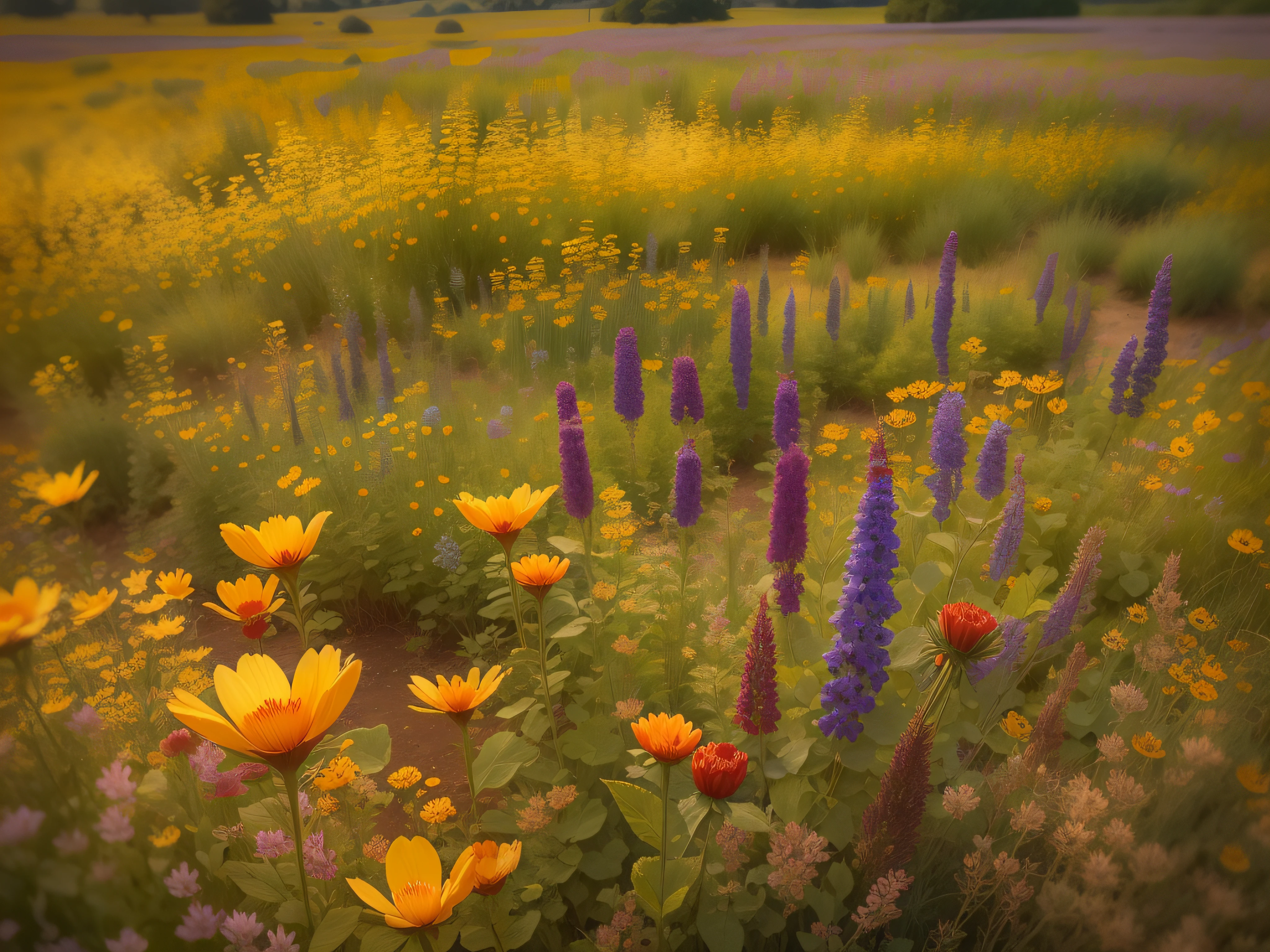flower photography, In the style of impressionism, a fine art photograph of a sun-drenched field of wildflowers. The colors are vibrant and saturated, with each flower carefully composed within the frame. The lighting is warm and natural, with the sun casting a soft glow on the scene. The overall effect is refreshing and serene, with the viewer feeling as though they are standing in the middle of a beautiful summer day., fine art photography, landscape photography, deep colors, earth tones