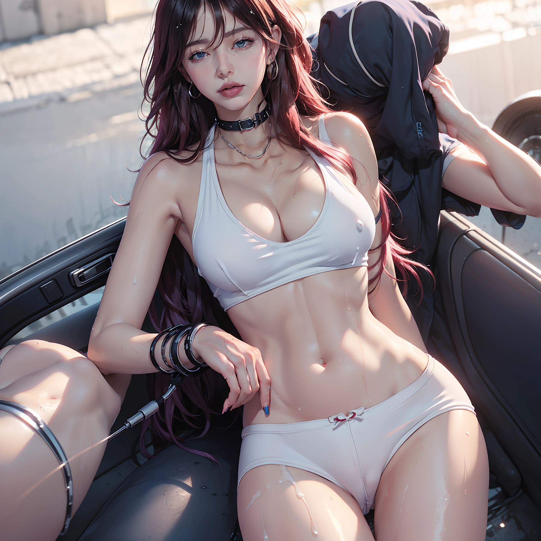 (Best Quality), ((Masterpiece), (Detail: 1.4), 3D, A Beautiful Cyberpunk Woman, HDR (High Dynamic Range), Ray Tracing, NVIDIA RTX, Super-Resolution, Unreal 5, Subsurface Scattering, PBR Textures, Post-Processing, Anisotropic Filtering, Depth of Field, Maximum Sharpness and Clarity, Multi-layer Textures, Albedo and Highlight Maps, Surface Shading, Accurate simulation of light-material interactions, perfect proportions, Octane Render, two-color light, large aperture, low ISO, white balance, rule of thirds, 8K RAW, realistic, (dignified fluff, perfect proportions, bright eyes, light makeup, big black eyes, pink and moist lips), white hair, big black eyes, cold storage, sharp eyes, flowers, (masterpiece, realistic, high resolution), ((1 girl): 1.2), ((white wavy long hair): 1.3), ((big breasts): 1.5, thin waist: 1.2, strangled thighs: 1.3, fair and moist skin) 1 girl, bikini, bikini_top, bikini_under_clothes, black_choker, black_hair, blue_bikini, blue_choker, blue_nails, blue_ sailor_collar, blue_skirt, blush, cream white, white, white transparent bra, transparent underwear, breasts, cable, car, necklace, closed_eyes, clothes_lift, earbuds, headphones, ground_vehicle, high leg, highleg_bikini, hose, large_breasts, lying down, micro_bikini, microphone, white miniskirt, Ultra shorts off at thigh position, white mesh stockings, wet clothes, moles, motor_vehicle, nail_polish, navel, scarf, on_back, open_mouth, pleated_skirt, rain, sailor_collar, school_uniform, see-through, satfu, shirt_lift, short_hair, skin dents, skirts, solo, speakers, stomach, string_bikini, swimwear, thigh_strap, inner chest, underwear, wet, wet, water droplets, water stains, whole body liquid, liquid, clear liquid, wet_clothes, wet_shirt, wire, ultra-small underwear, wet body, wet underwear, transparent underwear, bikini, nipple bumps, clitoral bulge
