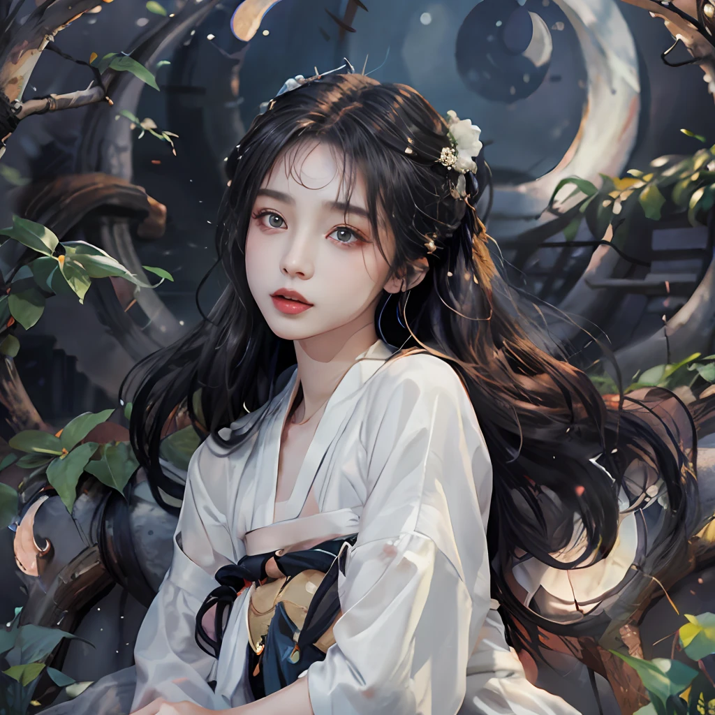 a 20-year-old woman, a girl Chinese fairy, gloom face, beautiful Chinese fairy tale face, beautiful face without flaws, slender body, fair skin, thin and beautiful lips, dont smile, (keep your mouth shut again:1.2), (The scene of the moonlight is magical:1.8), the full moon shines, moonlight, the moon, (luxury house in ancient Chinese style:1.2), Chinese-style bun hair, shiny black hair, flying hair, long hair, blue eyes sad gaze, twinkle eyes, big round eyes and very nice and detailed makeup , holy woman body, breasts round, big and round breasts, a beautiful face in detail and well-proportioned eyes, meticulous makeup, drooping arms, Realistic and vivid images, stars that make up the sky, sexy body, most beautiful eyes, picture perfect eyes, beautiful saint and flowers, jewelry, beautiful face, upper body, hanfu, high resolution, best quality, best photo, 8k quality, 8k ultra, surreal, best real life photo, hdr, high skin detail, Bokeh, Smooth and sharp, 10x pixel increase, fictional art, 8k CGI, realistic, medium shot, (upper body), (white hanfu:1.8), by Mappa, five finger,